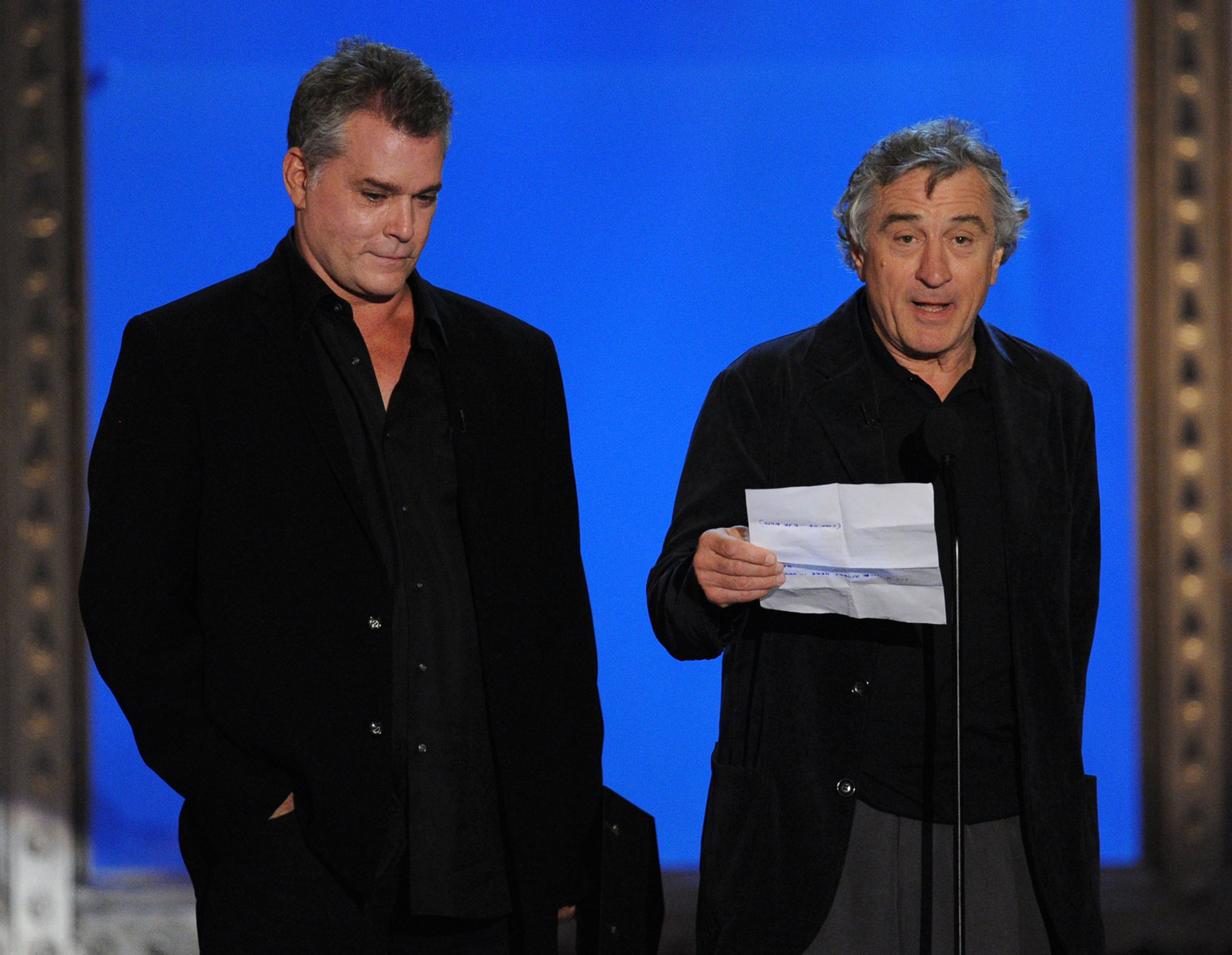 Actors Ray Liotta (left) and Robert De Niro receive the Guy Movie Hall Of Fame for the film Goodfellas and read a letter from Joe Pesci onstage during Spike TV’s 4th Annual Guys Choice Awards held at Sony Studios in Los Angeles in June 2010. Photo: TNS