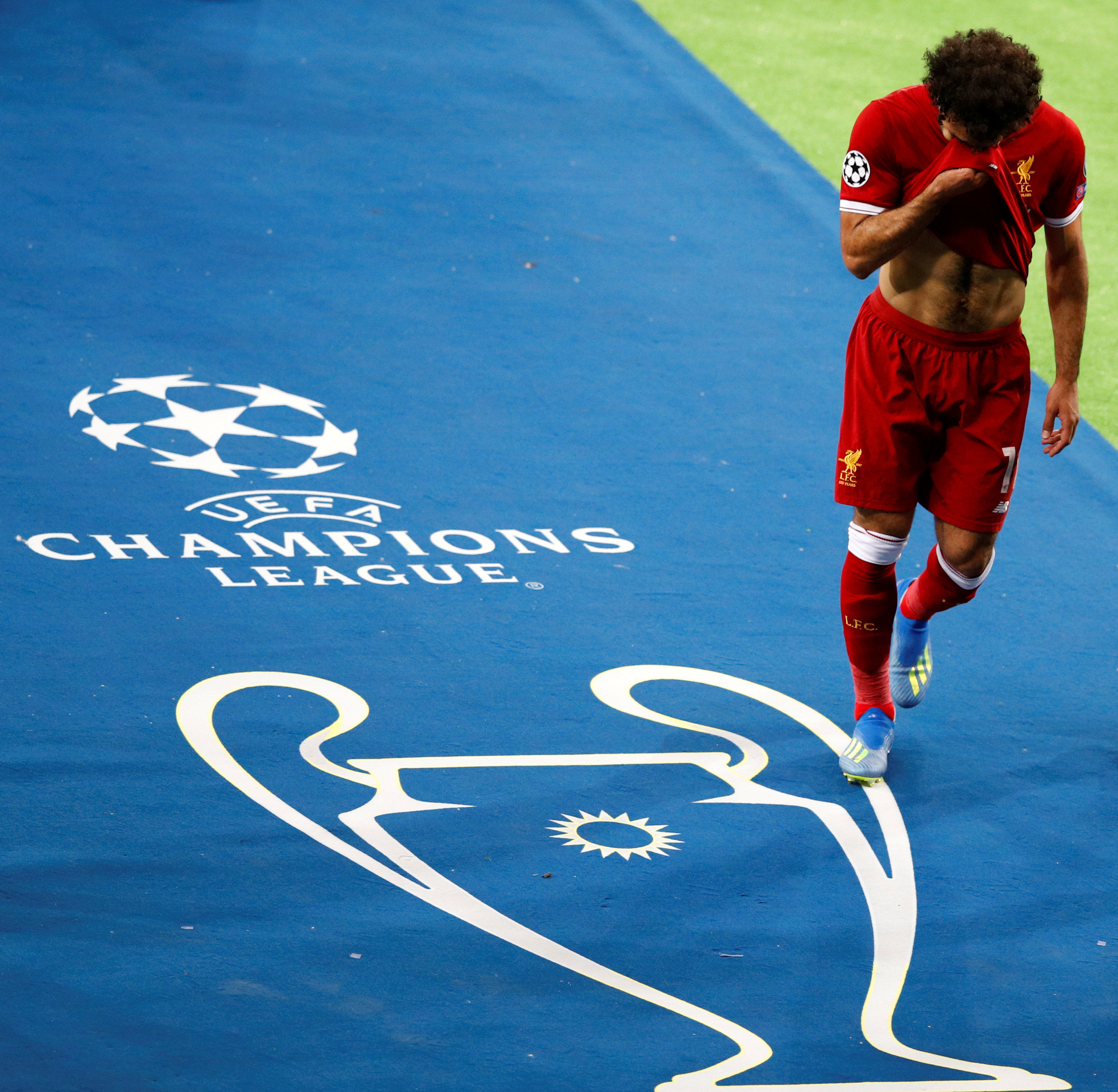 Liverpool’s Mohamed Salah reacts as he is substituted after sustaining an injury in the 2018 Champions League final. Photo: Reuters
