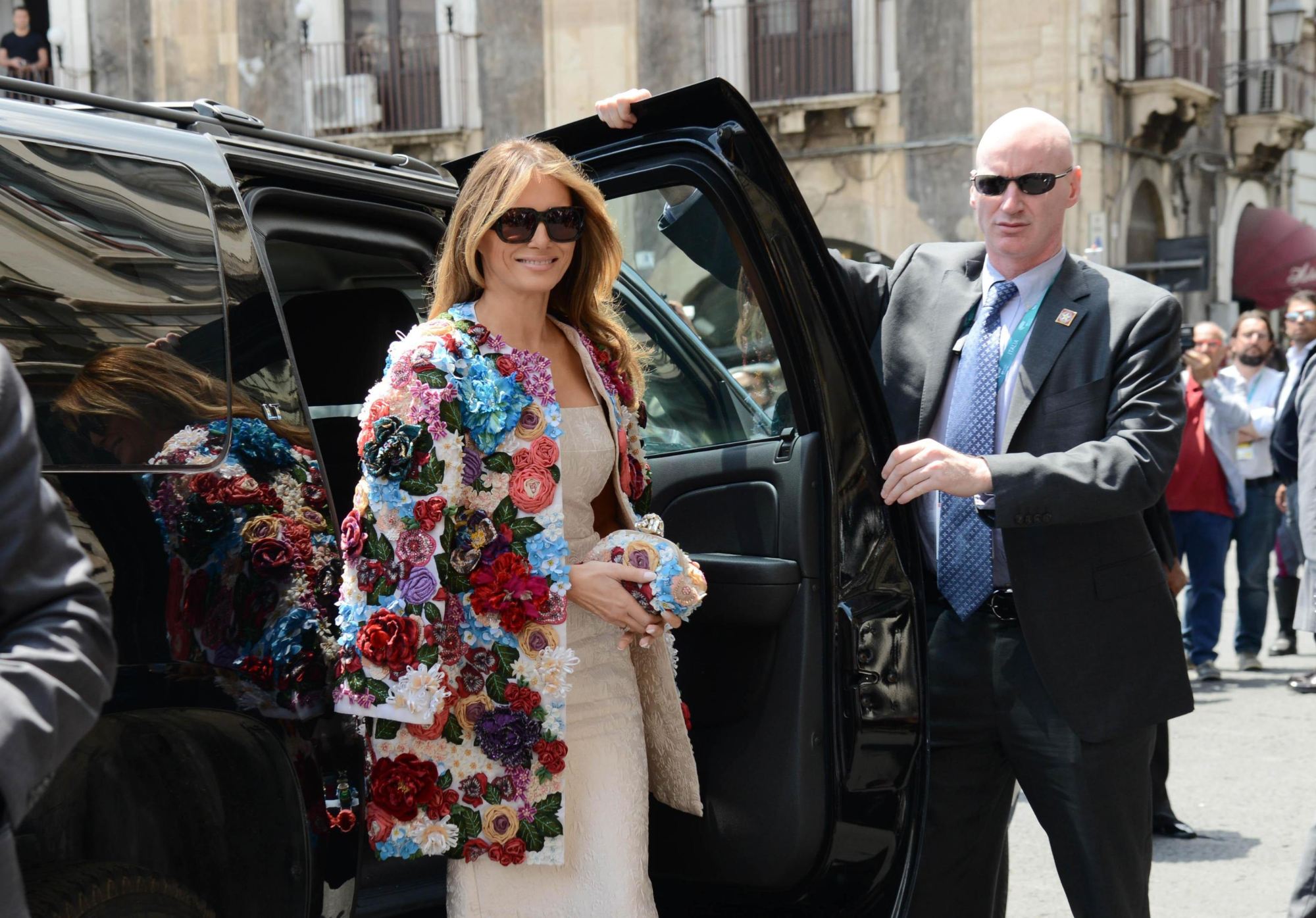 Melania Trump steps out of a car as she arrives at Chierici Palace, part of a visit of the G7 first ladies in Catania, Italy, in May 2017. Photo: EPA