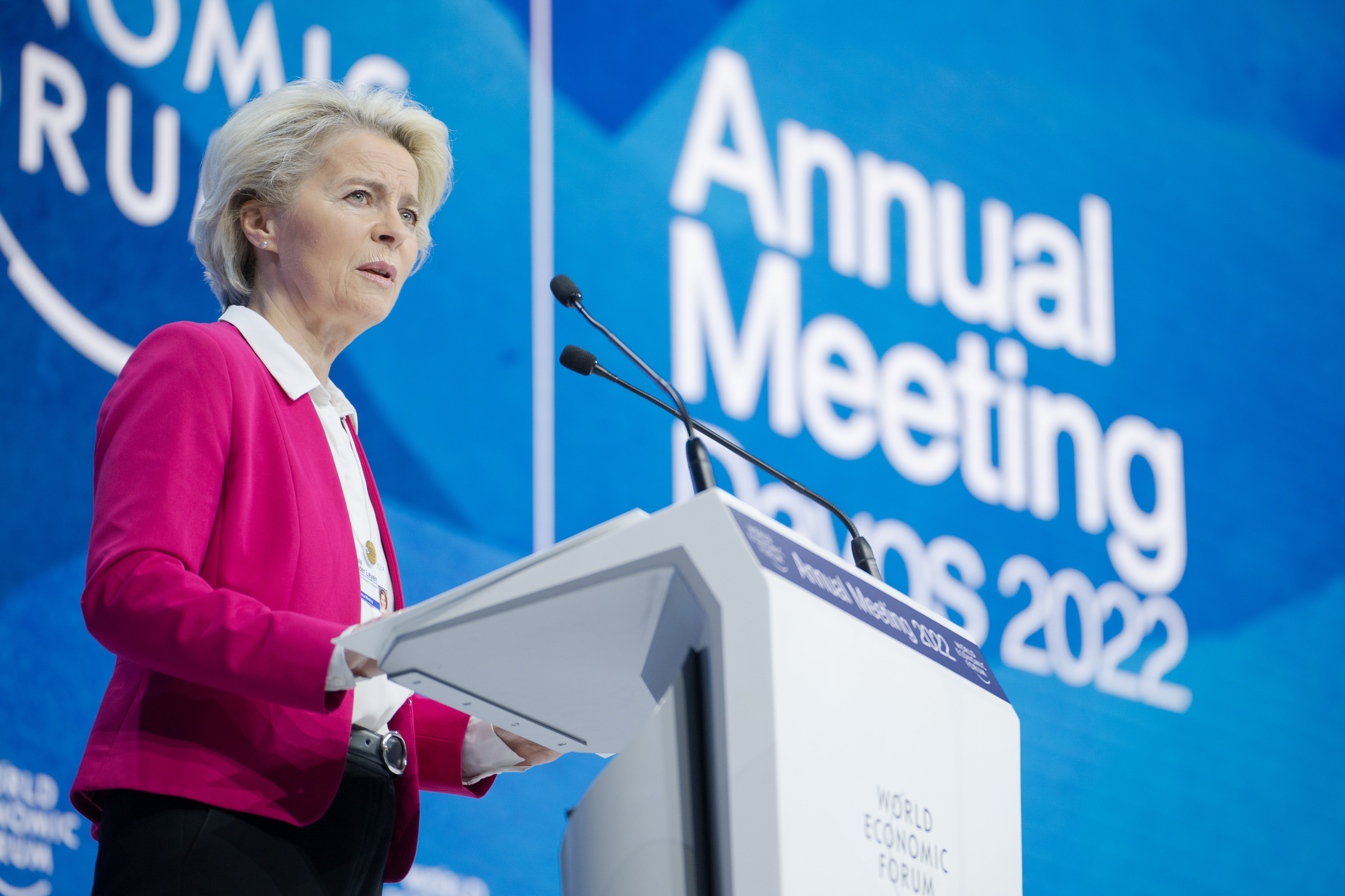President of the European Commission Ursula von der Leyen delivers an address at the WEF Annual Meeting. Photo: WEF/dpa