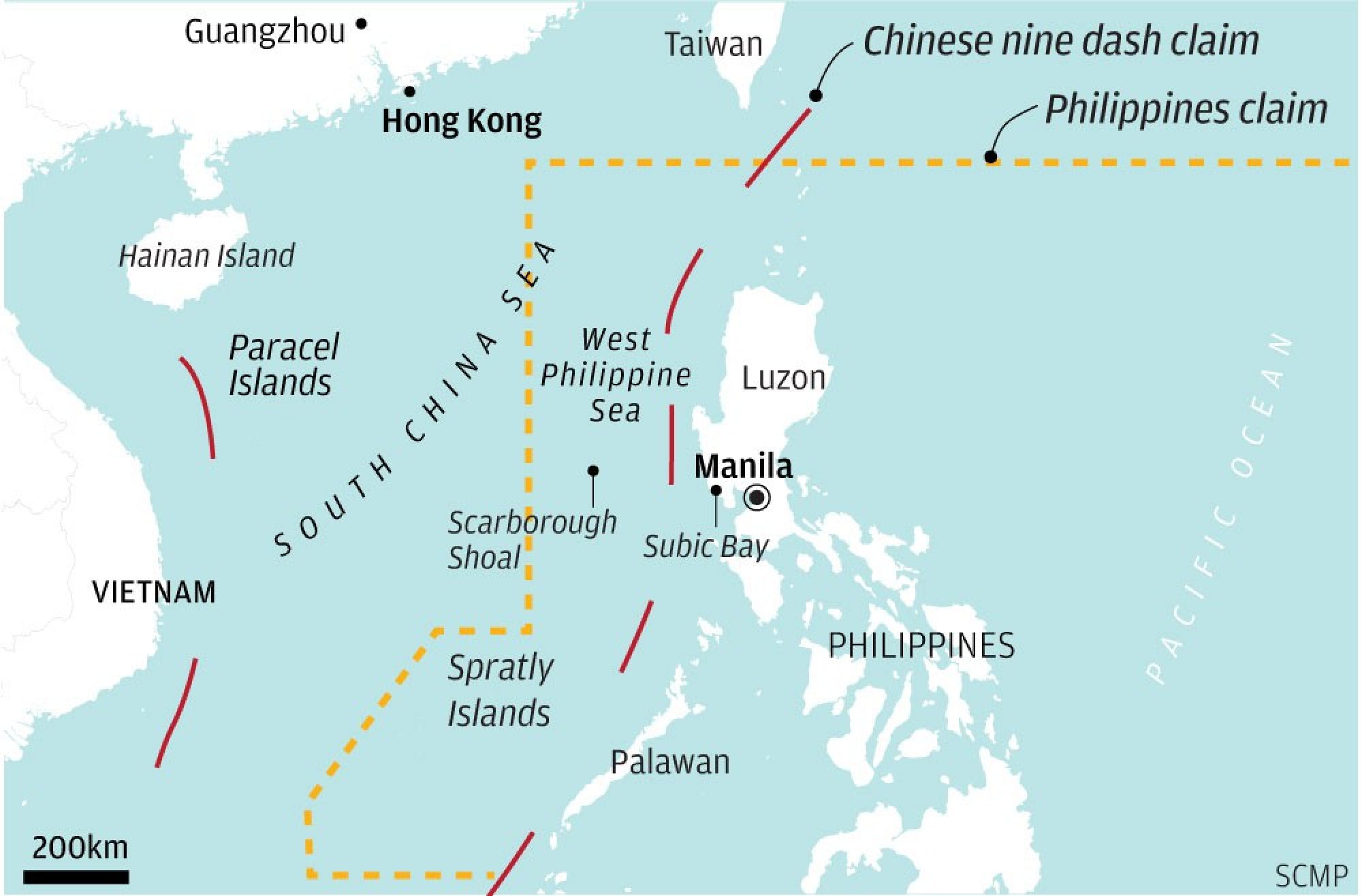 Overlapping claims by the Philippines and China in the South China Sea/West Philippine Sea. Map: SCMP