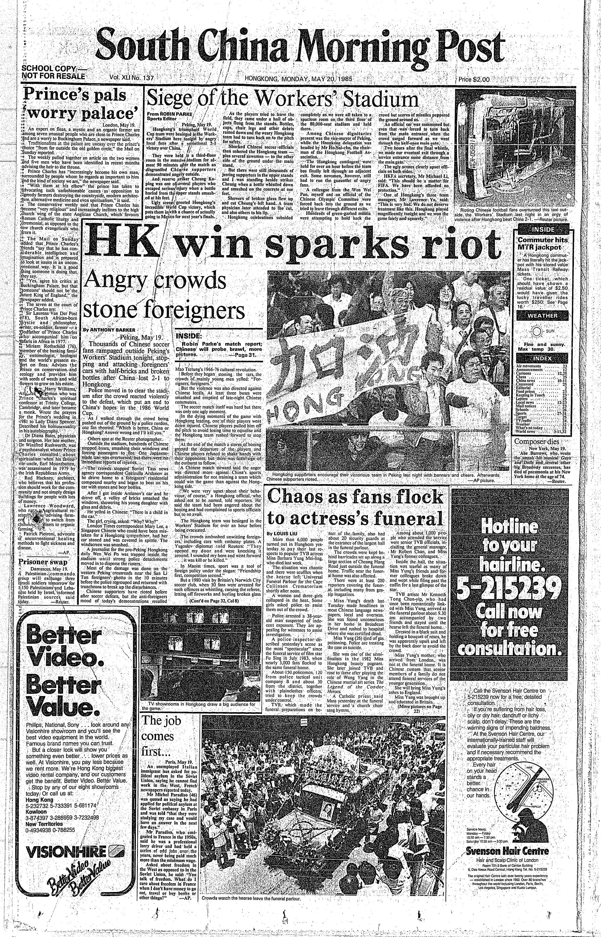 SCMP’s front page on May 20, 1985, after violent scenes prompted by Hong Kong’s victory over China in Beijing. Photo: SCMP