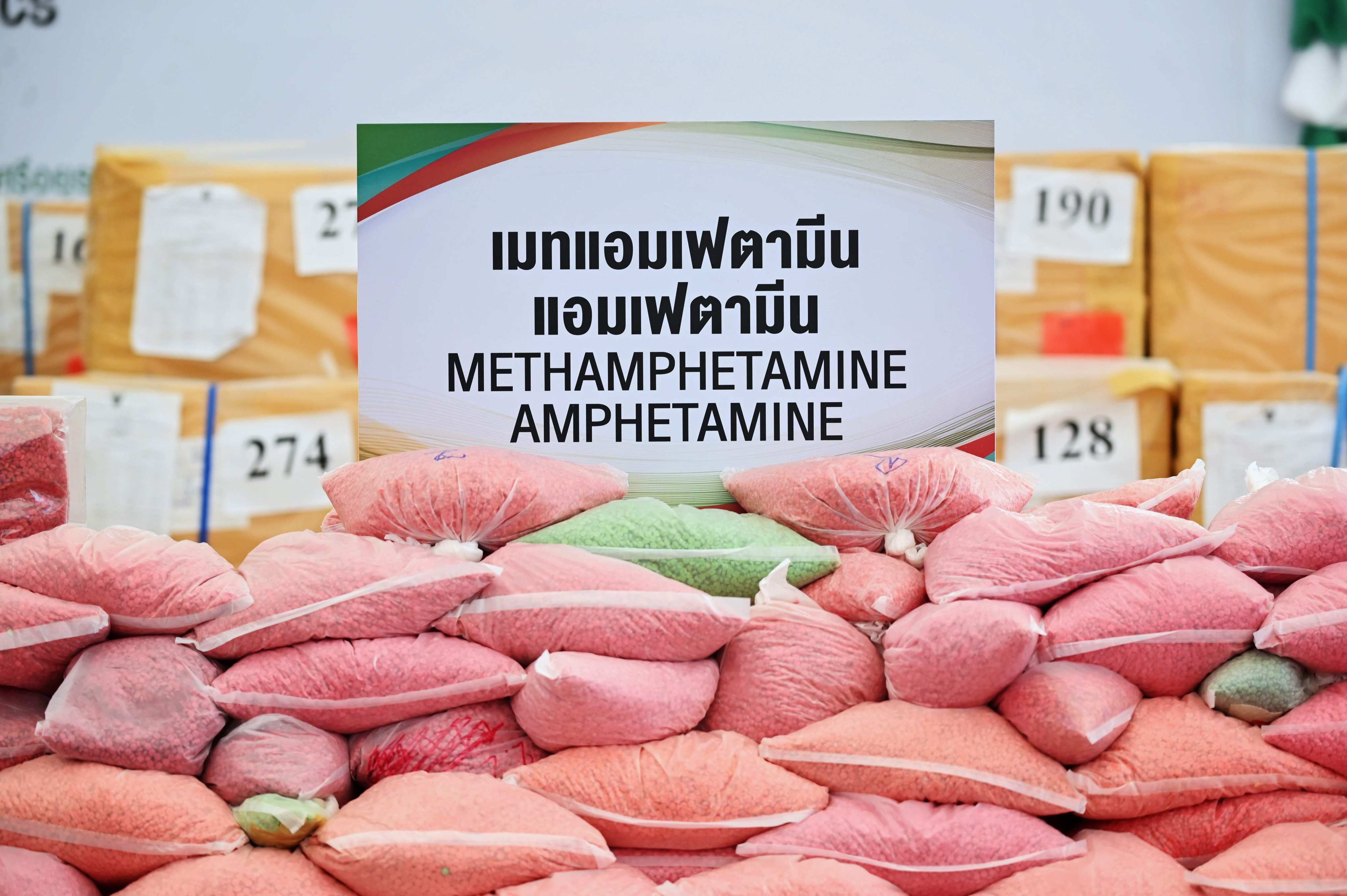 A record number of methamphetamine pills (known  as ‘ya ba’ in Thailand) were seized in the region in the past year. Photo: AFP