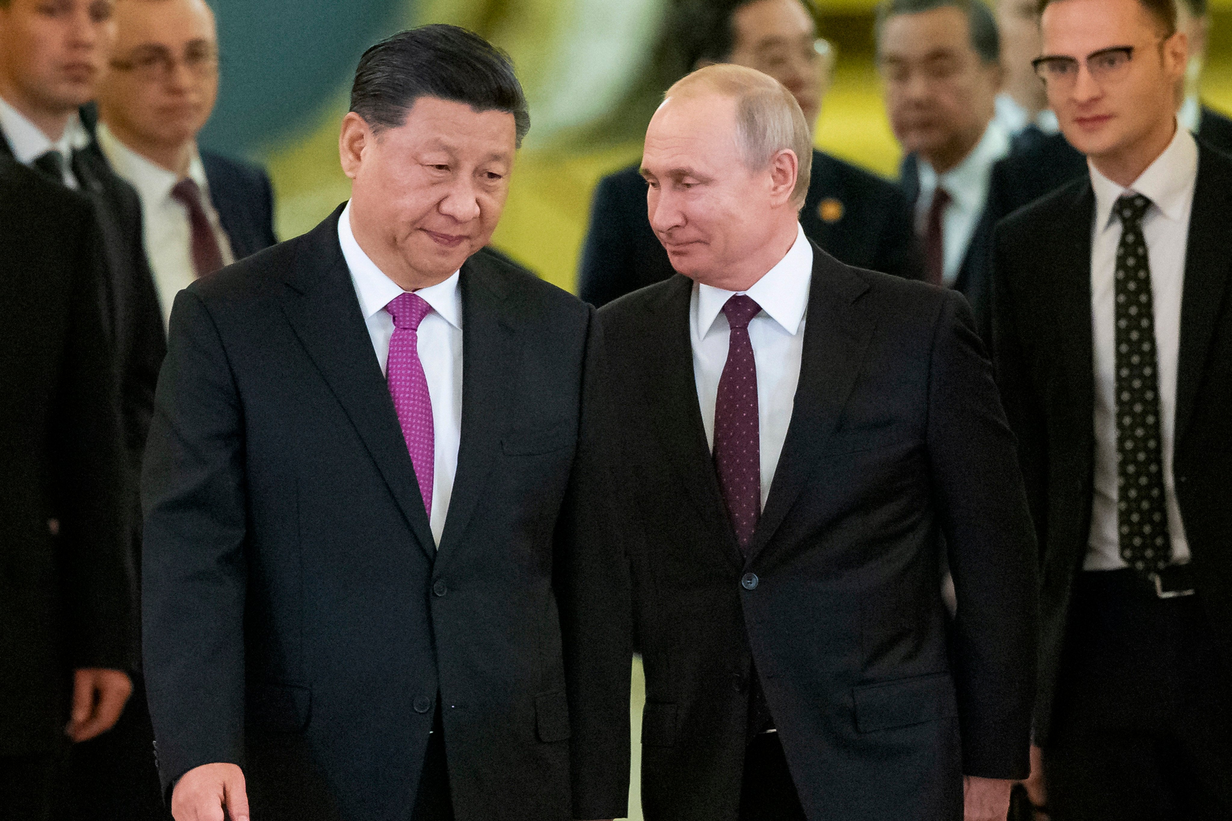 President Xi Jinping (left) and Russian President Vladimir Putin enter a hall for talks in the Kremlin in Moscow on June 5, 2019. The Sino-Russian relationship has come under increased scrutiny as China faces accusations of supporting Moscow despite declaring a ‘neutral’ stance. Photo: AP