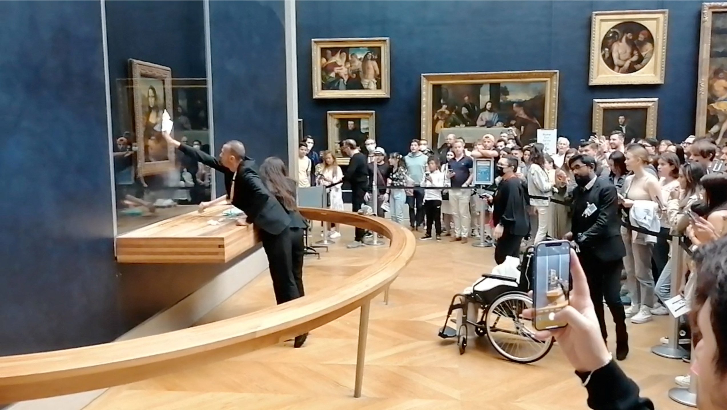 Man in wig throws cake at glass protecting Mona Lisa