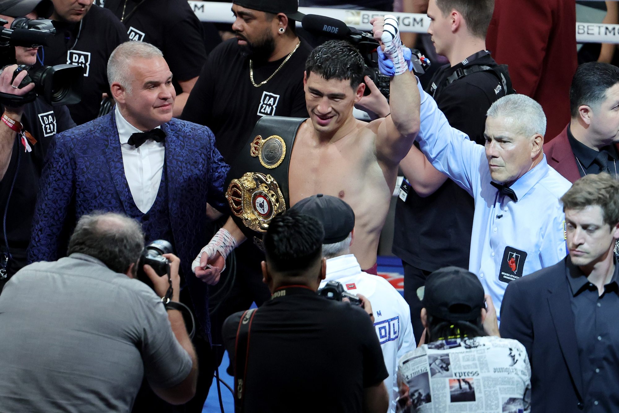 Dmitry Bivol celebrates after his unanimous-decision victory against Canelo Alvarez. Photo: AFP