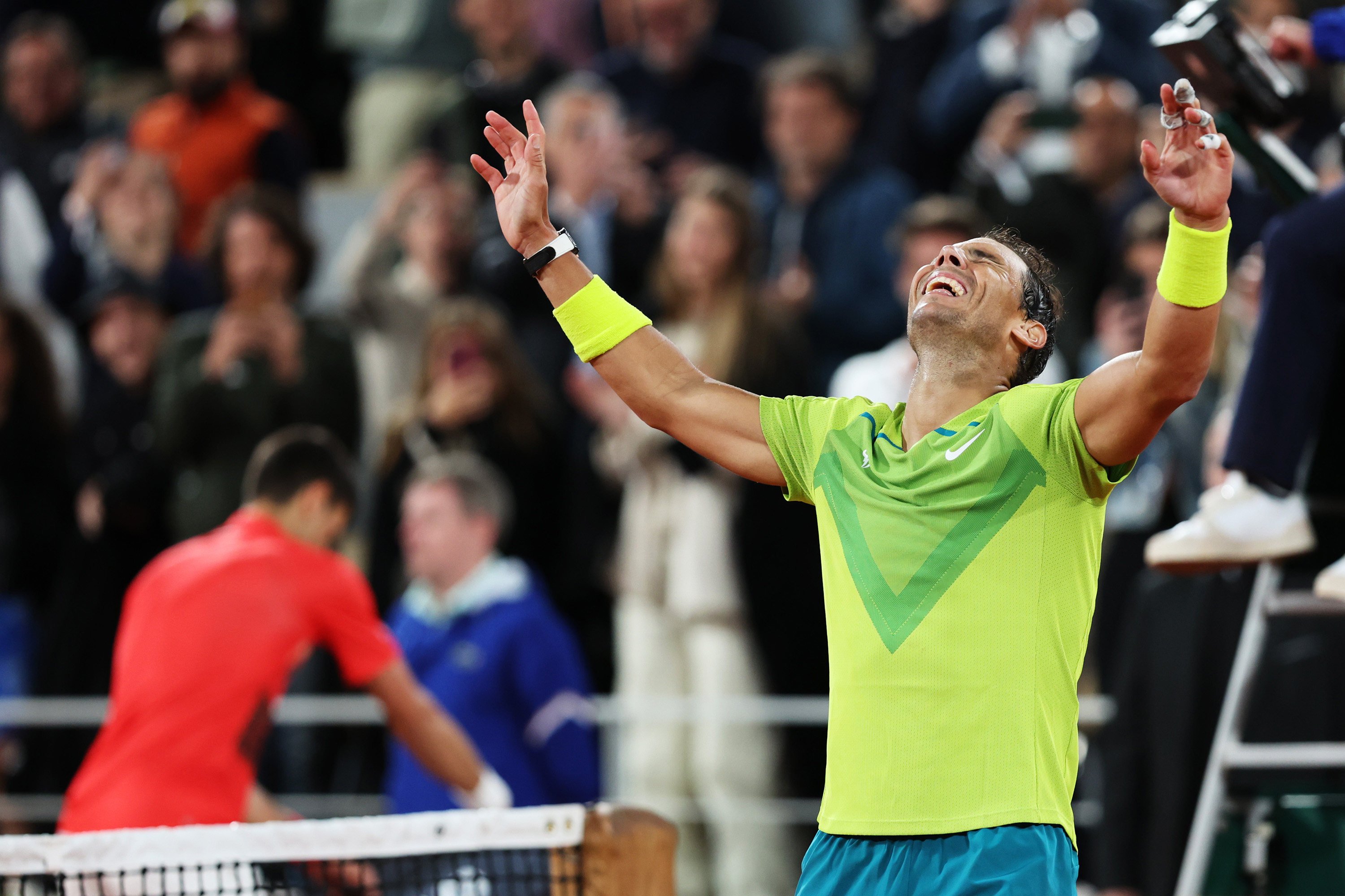 Rafael Nadal celebrates beating Novak Djokovic in their men’s singles quarter-final match in Paris. Photo: Getty Images/TNS