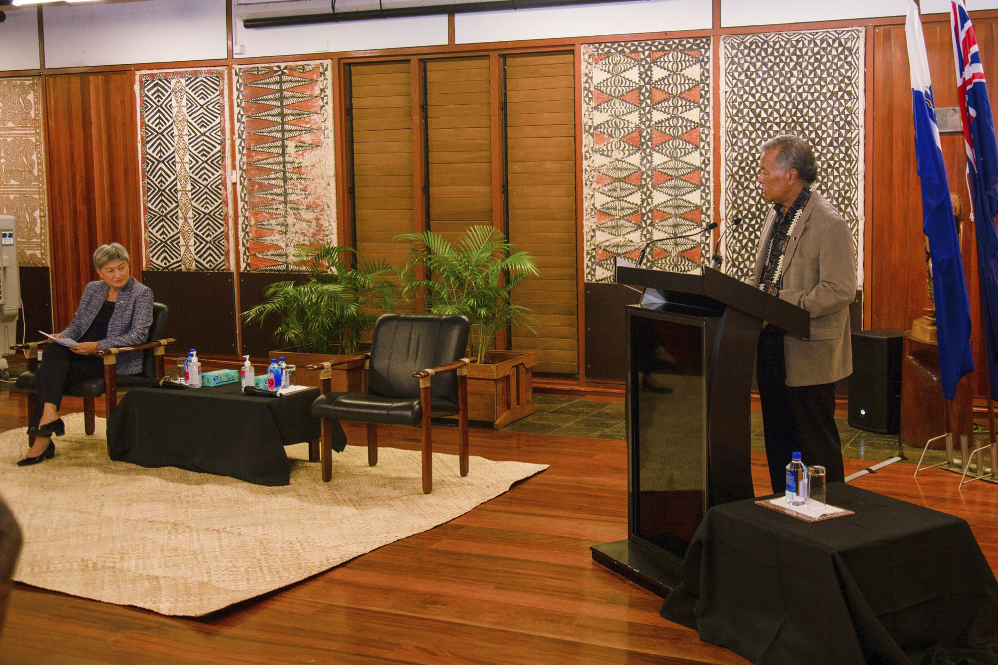 Australia’s new Foreign Minister Penny Wong (left) is welcomed by Henry Puna from the Pacific Islands Forum during her visit to Fiji last week. Photo: via AP