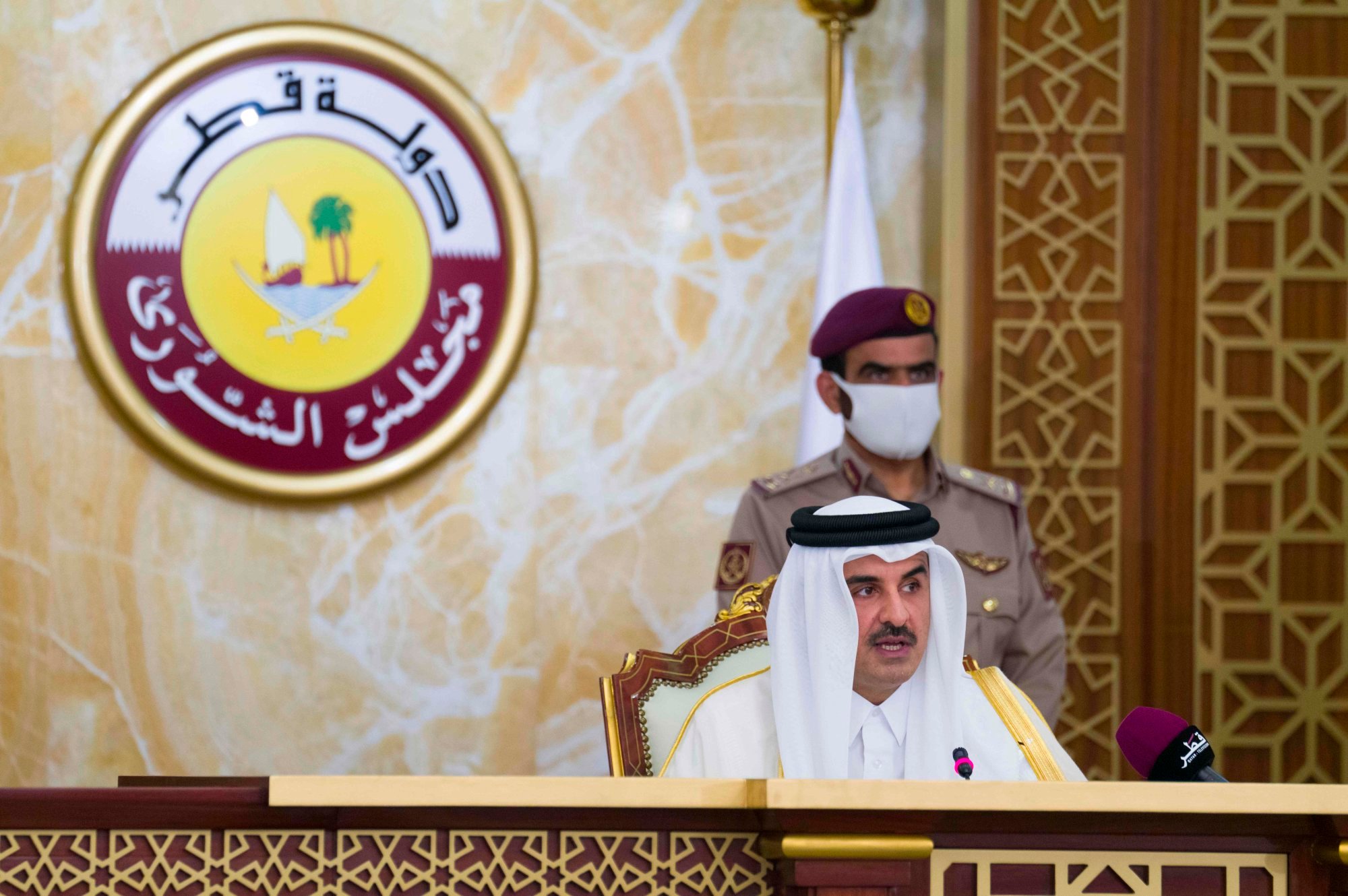 Qatar’s Sheikh Tamim bin Hamad al-Thani delivering a speech to the Shura Council in the capital Doha. Photo: AFP