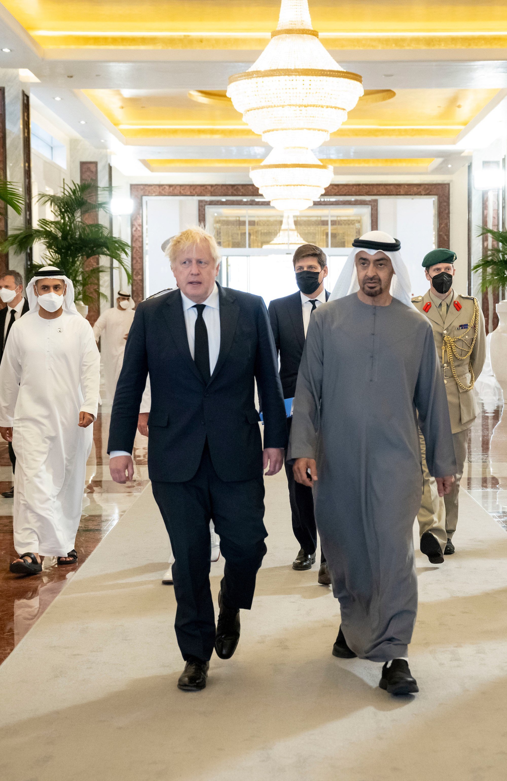 Boris Johnson, Prime Minister of the United Kingdom offering condolences to Sheikh Mohammed bin Zayed Al Nahyan, president of the UAE and ruler of Abu Dhabi, on the passing of Sheikh Khalifa bin Zayed Al Nahyan. Photo: EPA-EFE