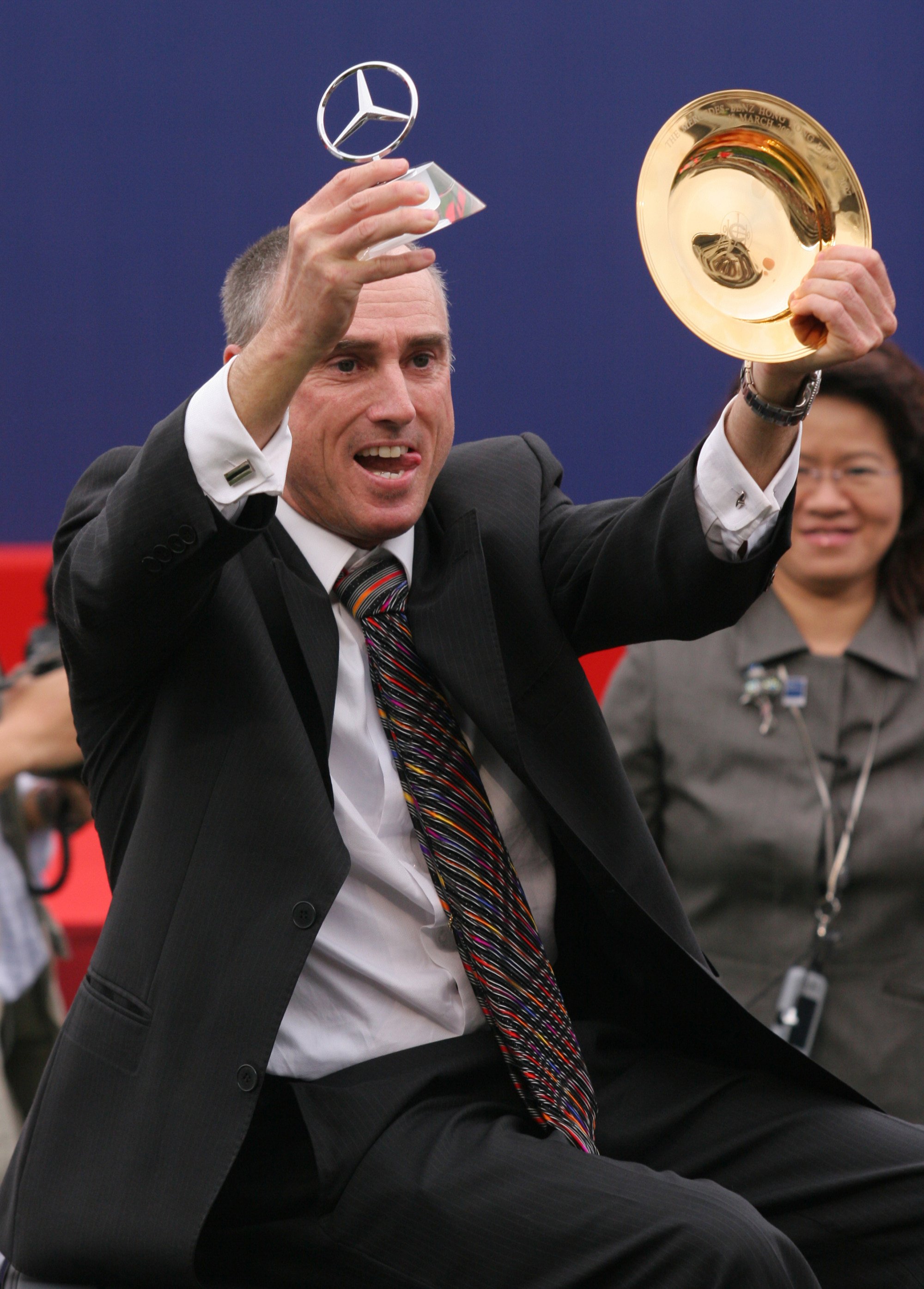 Paul O’Sullivan celebrates after winning the 2007 Hong Kong Derby with Vital King.