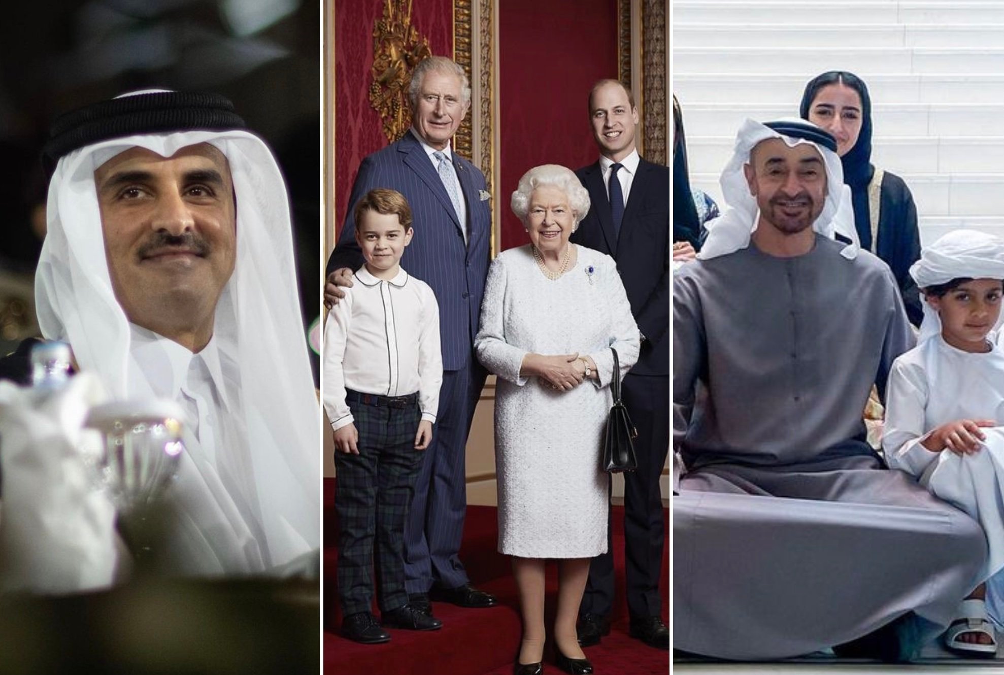 Qatar’s Sheikh Tamim bin Hamad Al Thani, Queen Elizabeth and the British royal family, and Abu Dhabi’s Sheikh Mohammed bin Zayed Al Nahyan and the UAE royal family. Photos: @tamim, @RoyalFamily, @mohamedbinzayed/Instagram