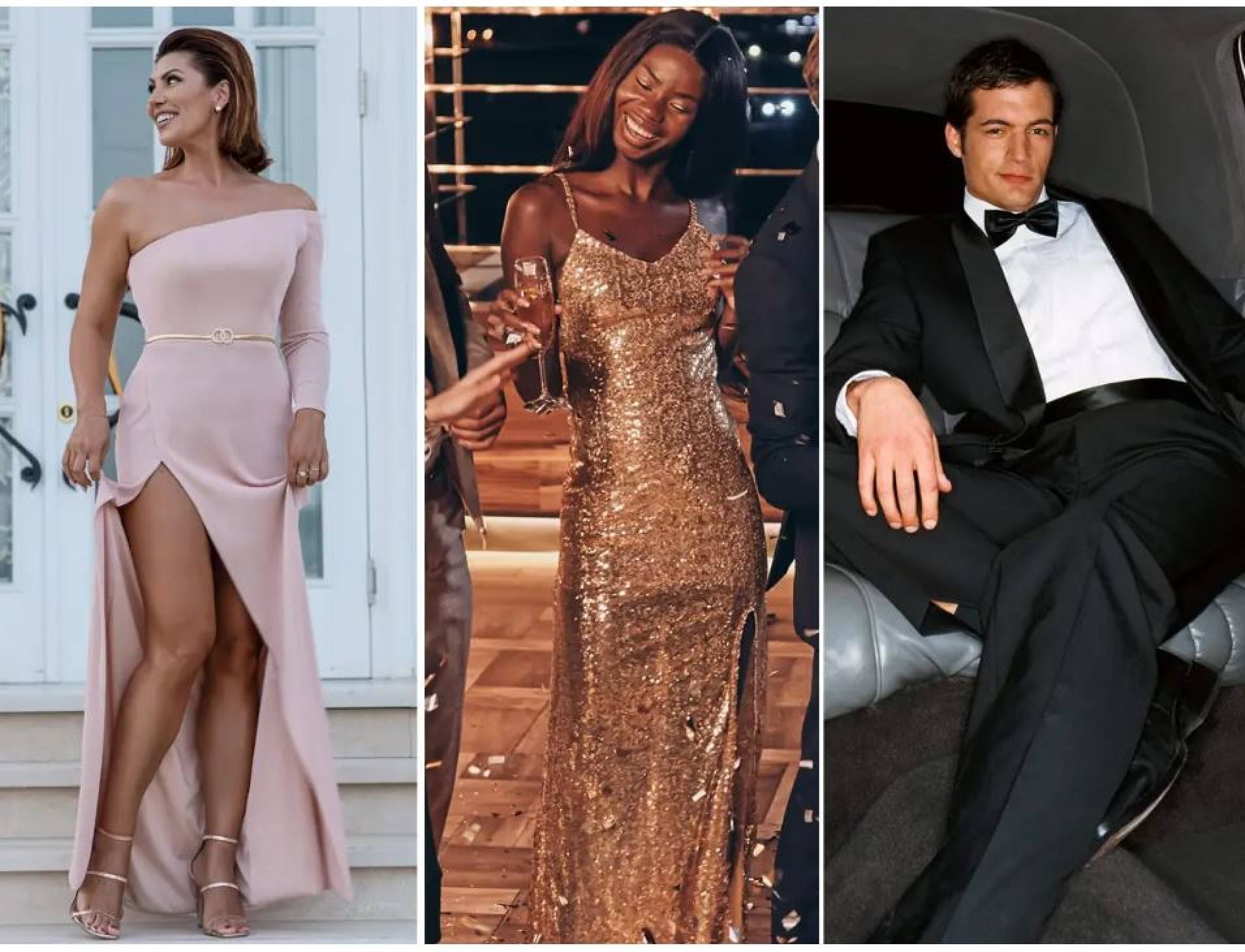 Examples of black tie wedding guest attire. Photos: Getty Images and wires