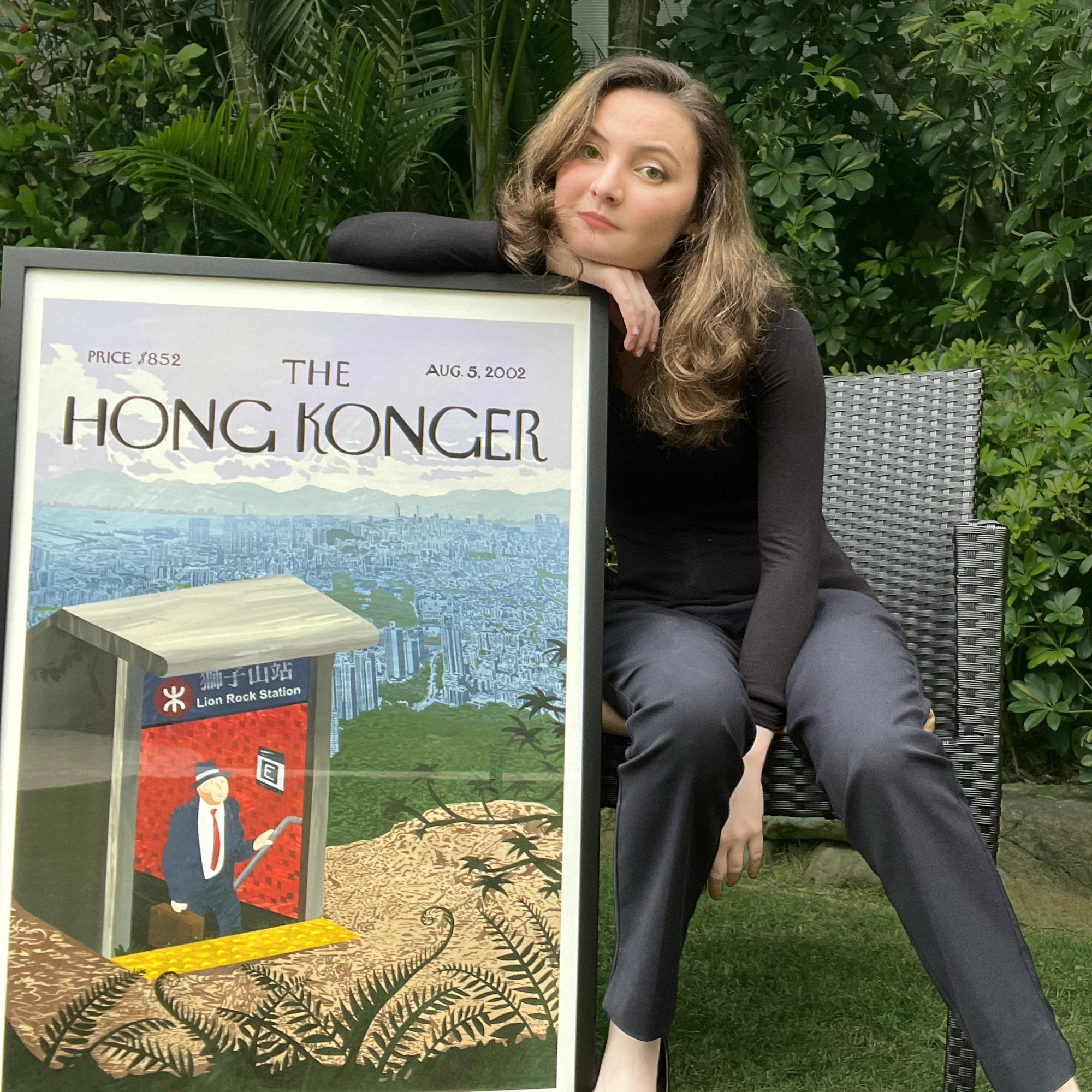 Hotung with artwork showing a property developer exiting a new MTR station built atop Lion Rock Hill, based on the August 5, 2002 New Yorker magazine cover by Eric Drooker. Photo: Courtesy of Sophia Hotung