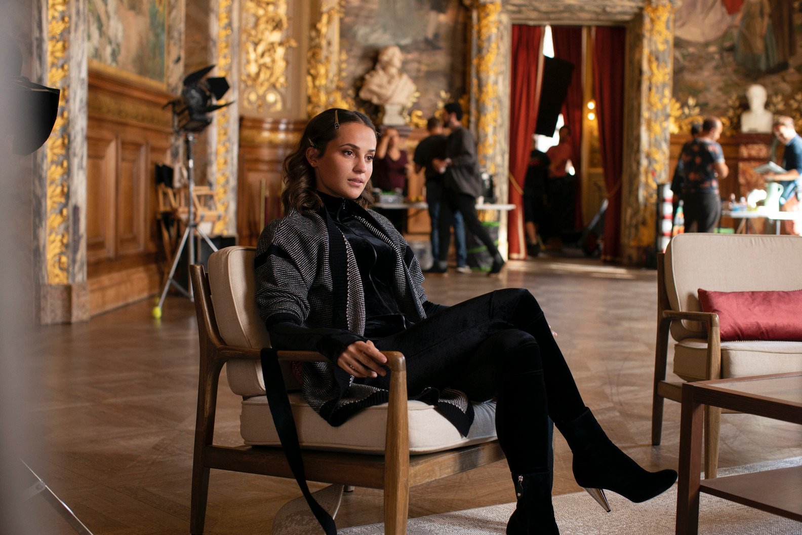 Alicia Vikander wears navy shirt and black jeans while filming HBO series Irma  Vep in Paris