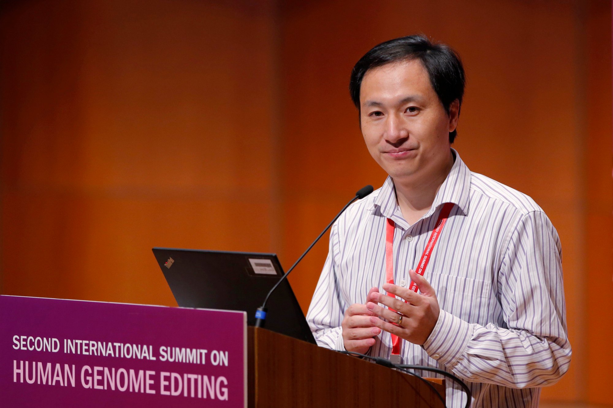He Jiankui addresses a gene editing conference in Hong Kong in November 2018. Photo: AP