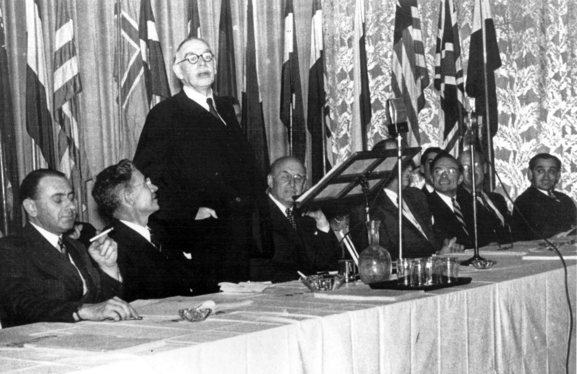 British economist John Maynard Keynes (third from left) addresses the Bretton Woods Conference in July 1944. The conference set in motion the establishment of an open system of rules-based trade that helped the global economy recover from the ravages of World War II. Photo: AFP/IMF