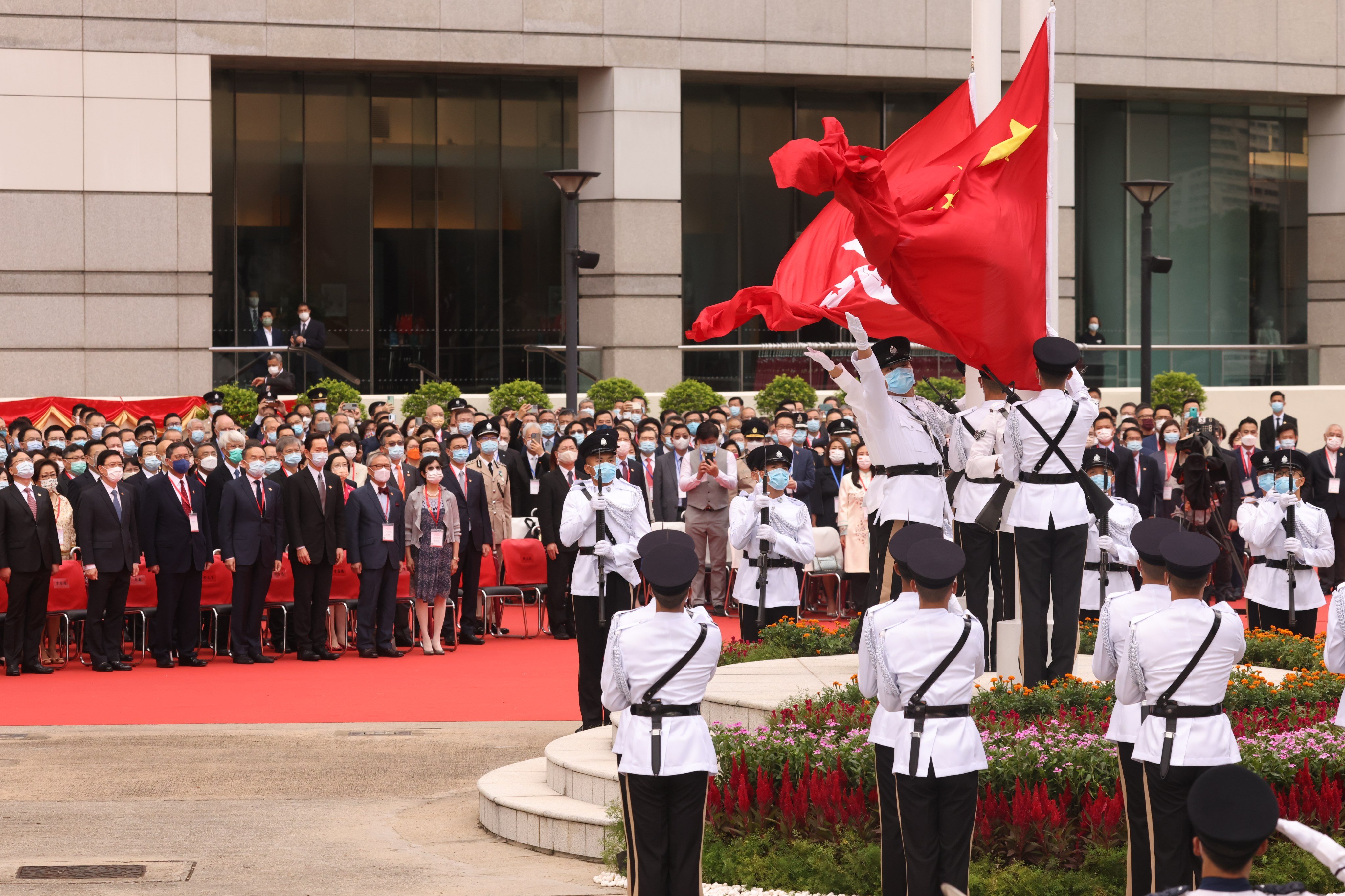 A flag-raising ceremony at Golden Bauhinia Square on July 1, 2021. Photo: K. Y. Cheng