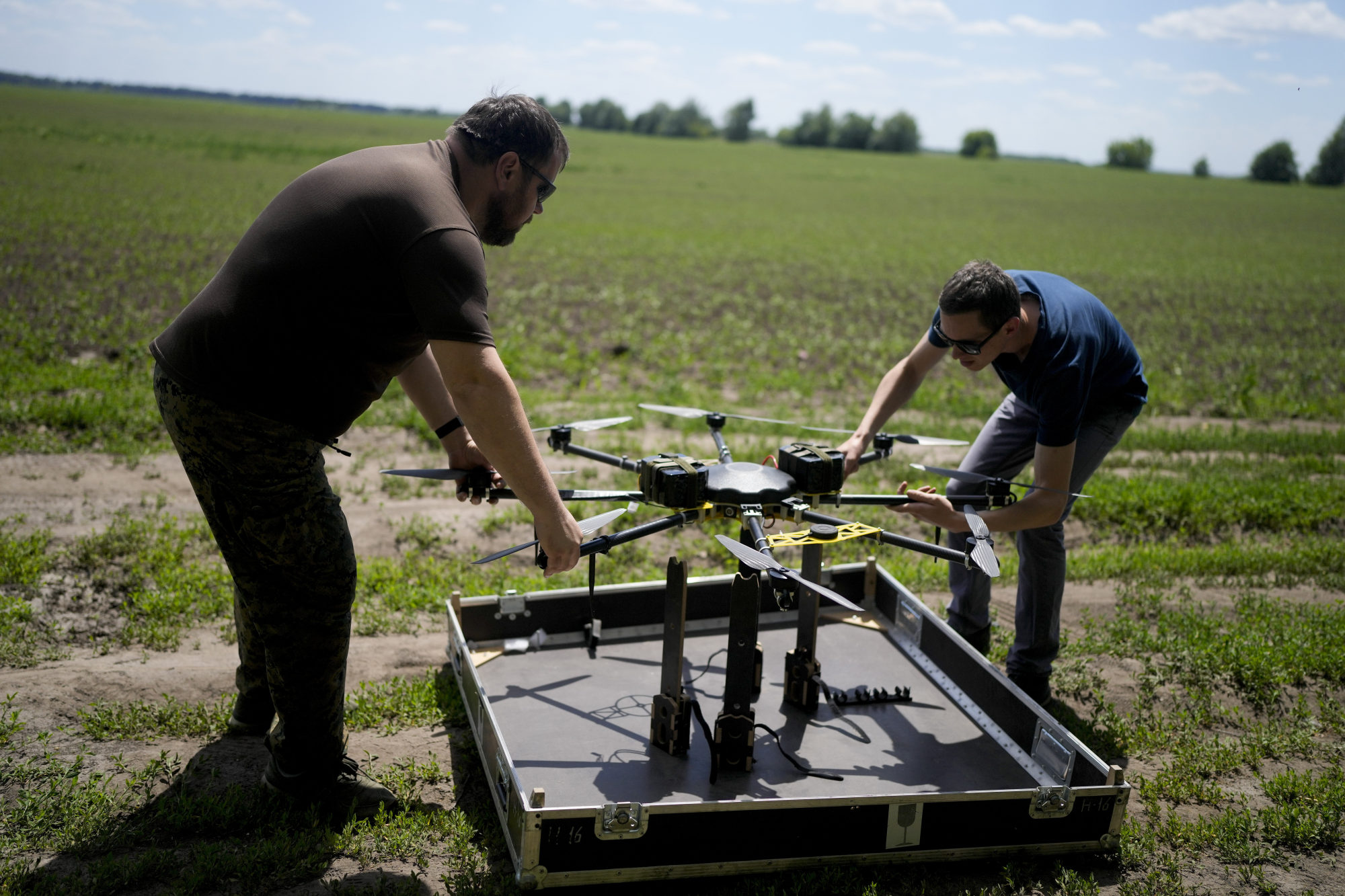 Ukrainians testing a drone, which have been extensively used by Russian and Ukraine troops. Photo: AP