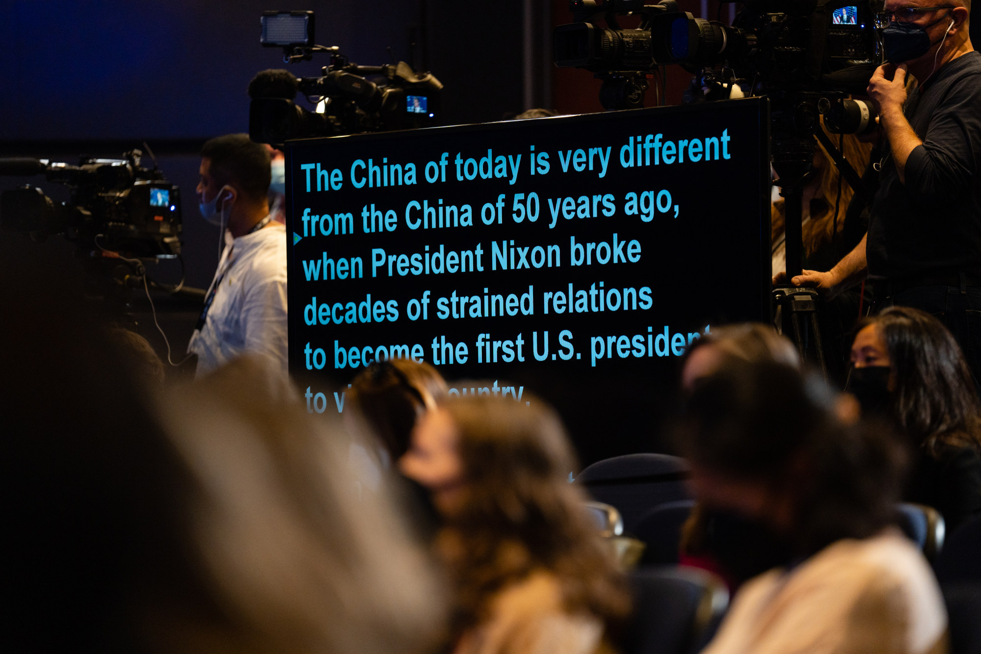 A teleprompter displays the speech of US Secretary of State Antony Blinken (not pictured) as he outlines US strategy towards China at George Washington University in Washington, DC, on May 26. Photo: Bloomberg
