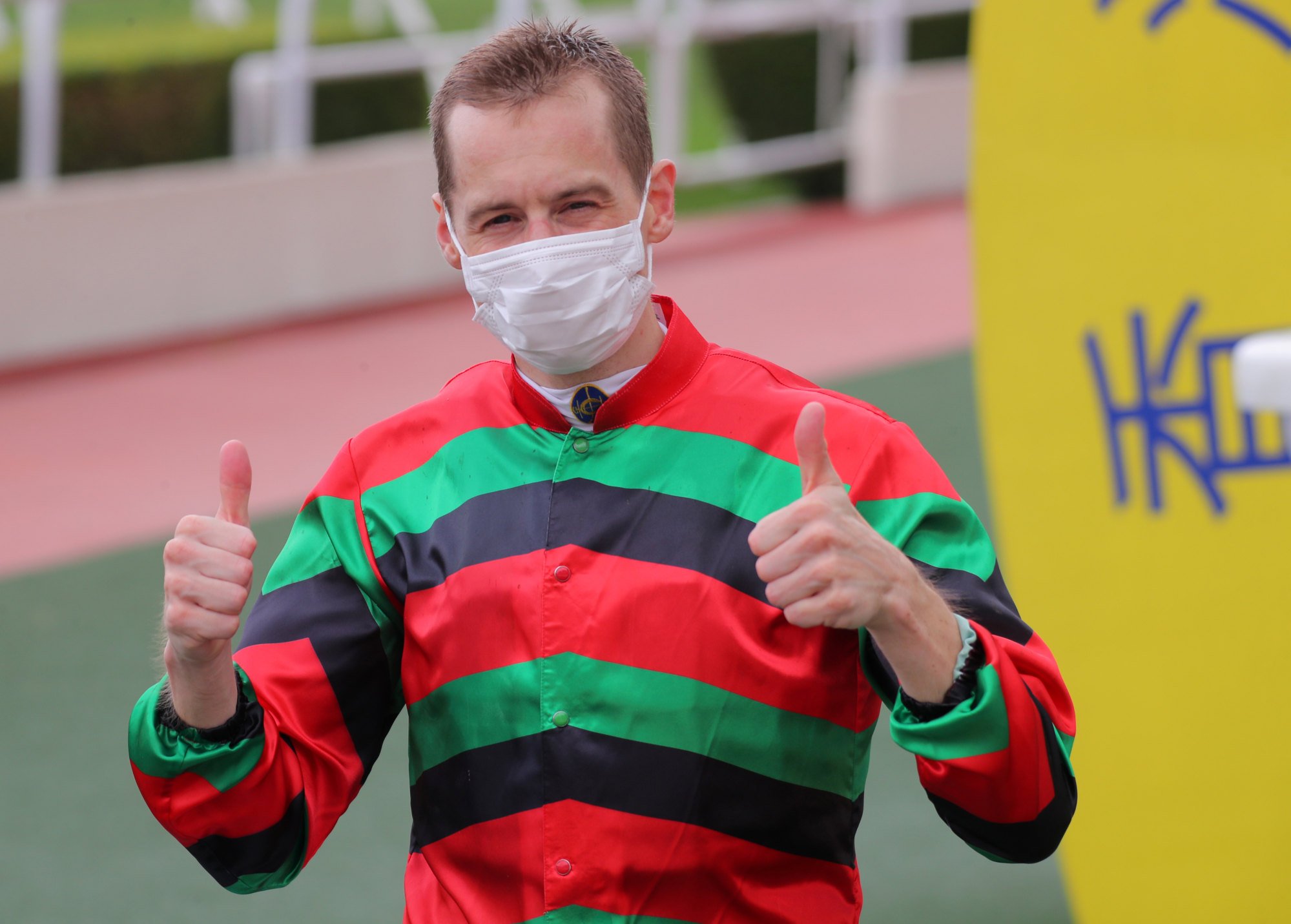 Blake Shinn celebrates his Champions & Chater Cup victory aboard Russian Emperor.