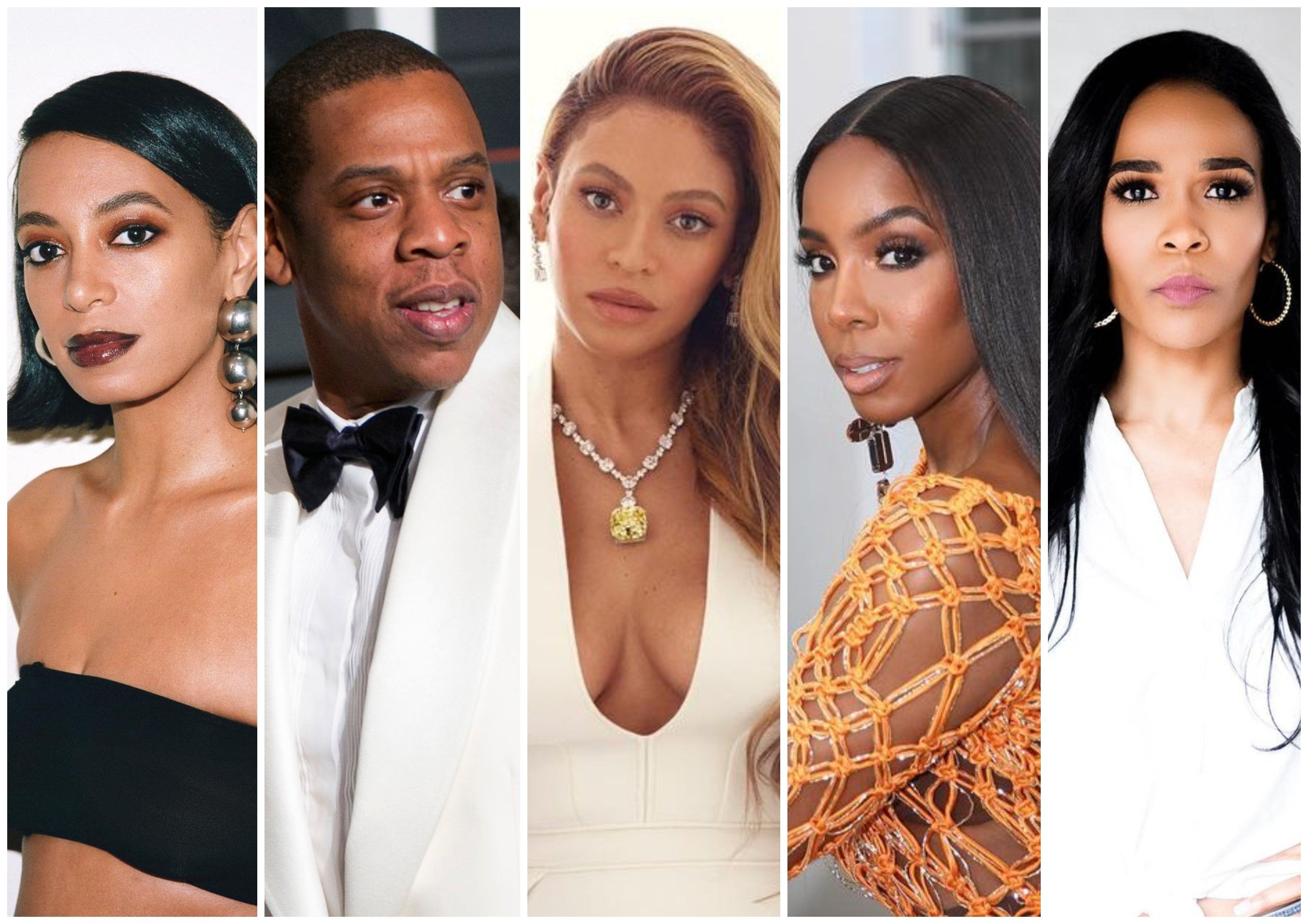 Destiny’s Child(ren), the high achievers of the Knowles-Carter family: Bianca Lawson, Jay-Z, Beyoncé, Kelly Rowland, Michelle Williams. Photo: @beyonce, @kellyrowland, @michellewilliams, @solangeknowles/Instagram, AP