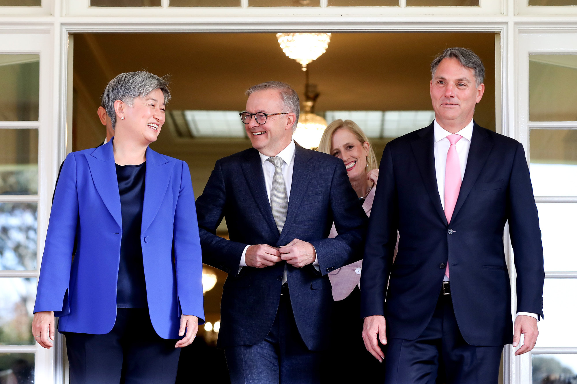 Anthony Albanese (centre) leaves Government House in Canberra with Foreign Minister Penny Wong (left) and Deputy Minister Richard Marles after being sworn in as Australia’s new prime minister on May 23. Photo: Bloomberg