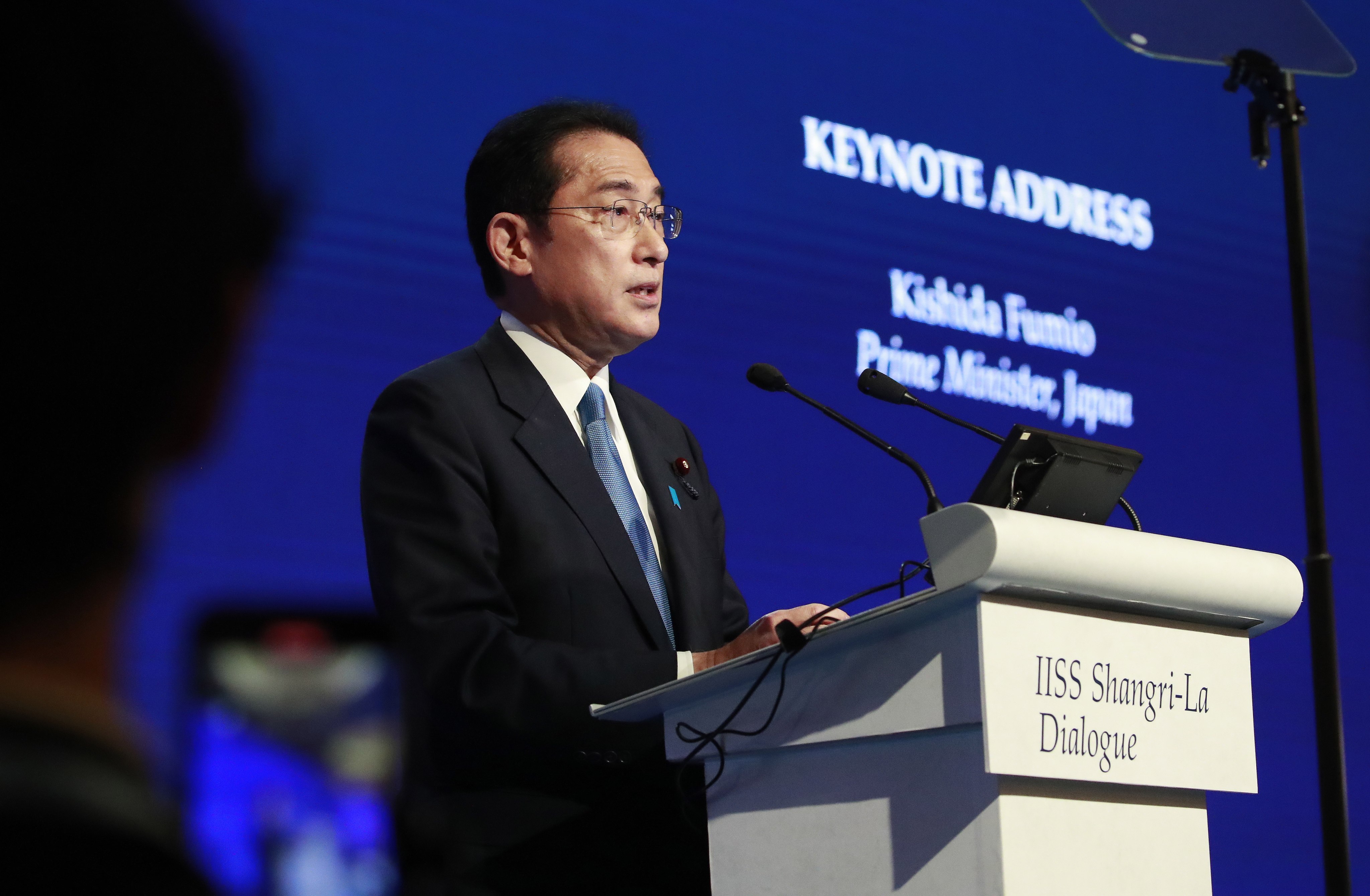 Japan’s Prime Minister Fumio Kishida delivers his keynote address during the International Institute for Strategic Studies (IISS) Shangri-la Dialogue in Singapore. Photo EPA-EFE/How Hwee Young