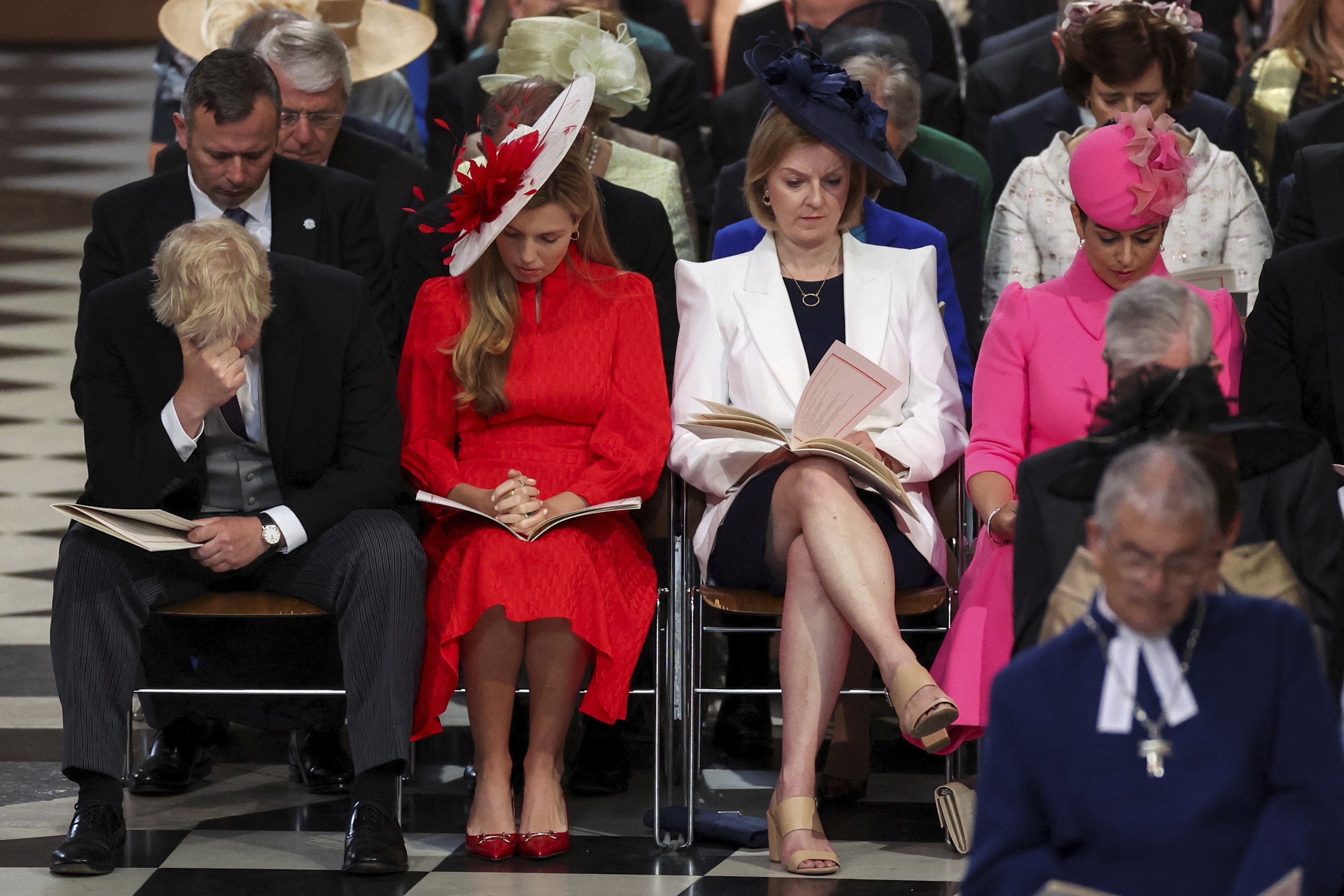 British Prime Minister Boris Johnson sits next to his wife, Carrie Johnson, at the National Service of Thanksgiving held at St Paul’s Cathedral in London as part of celebrations marking the Platinum Jubilee of Britain’s Queen Elizabeth II on June 3. Photo: pool via AP)