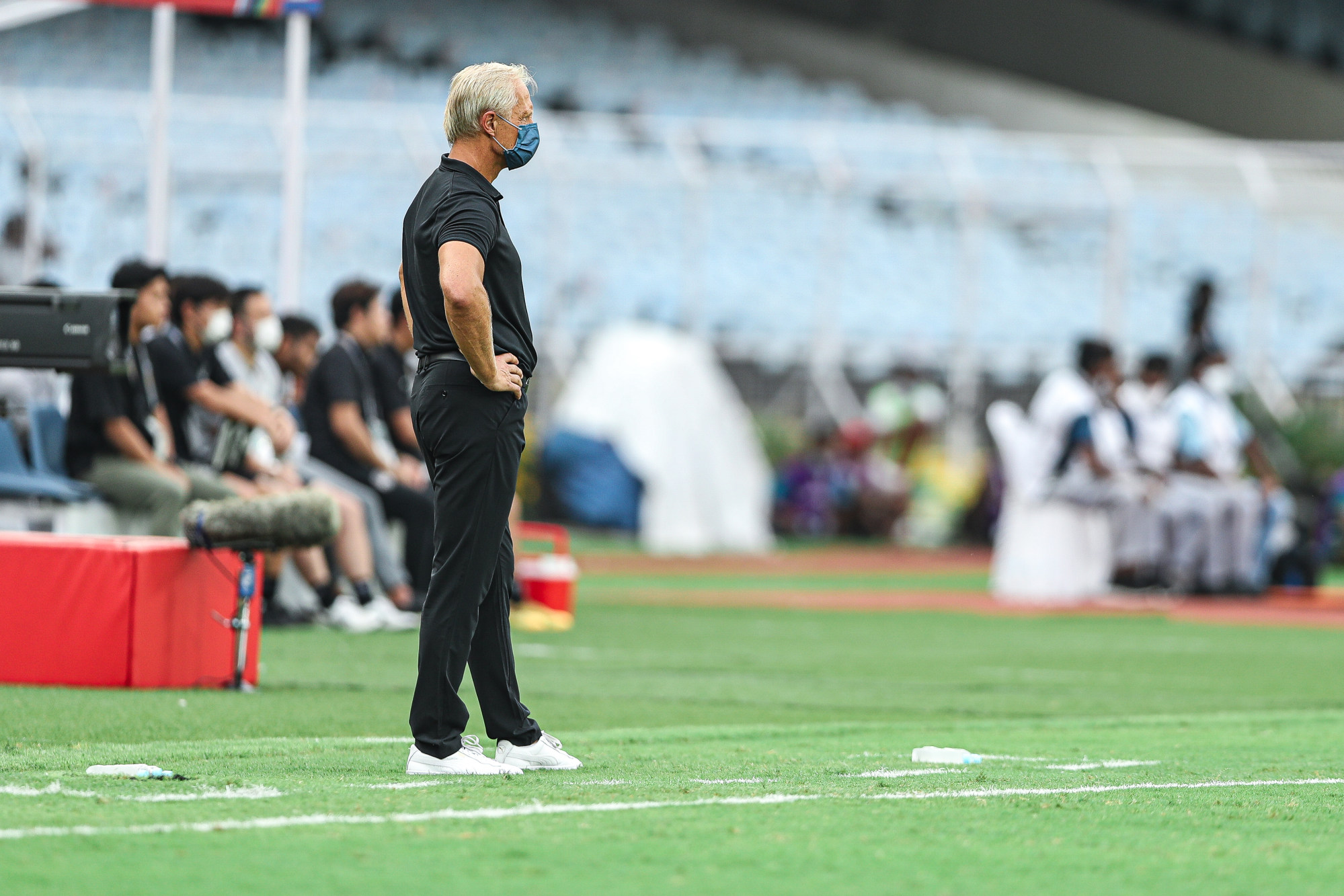 Jorn Andersen watches his Hong Kong side take on Cambodia in the 2023 Asian Cup qualifiers in Kolkata. Photo: HKFA