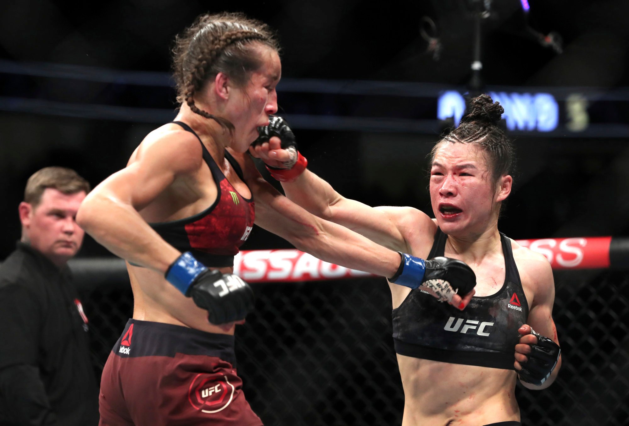 Zhang Weili punches Joanna Jedrzejczyk at UFC 248 in Las Vegas. Photo: AP