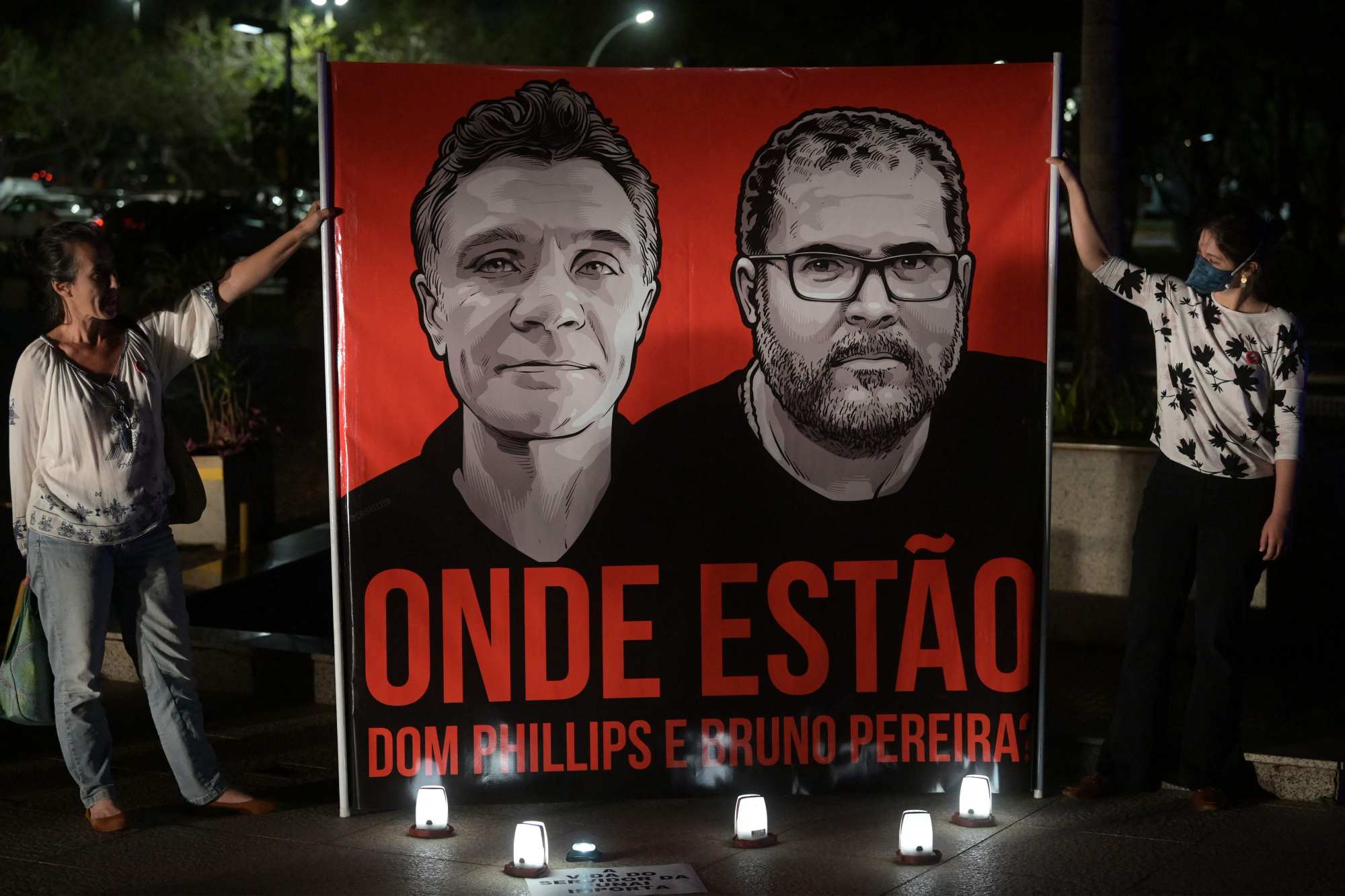 Employees of the National Indigenous Foundation protest over missing British journalist Dom Phillips and Brazilian indigenous affairs specialist Bruno Pereira in Brasilia on Thursday. Photo: AFP