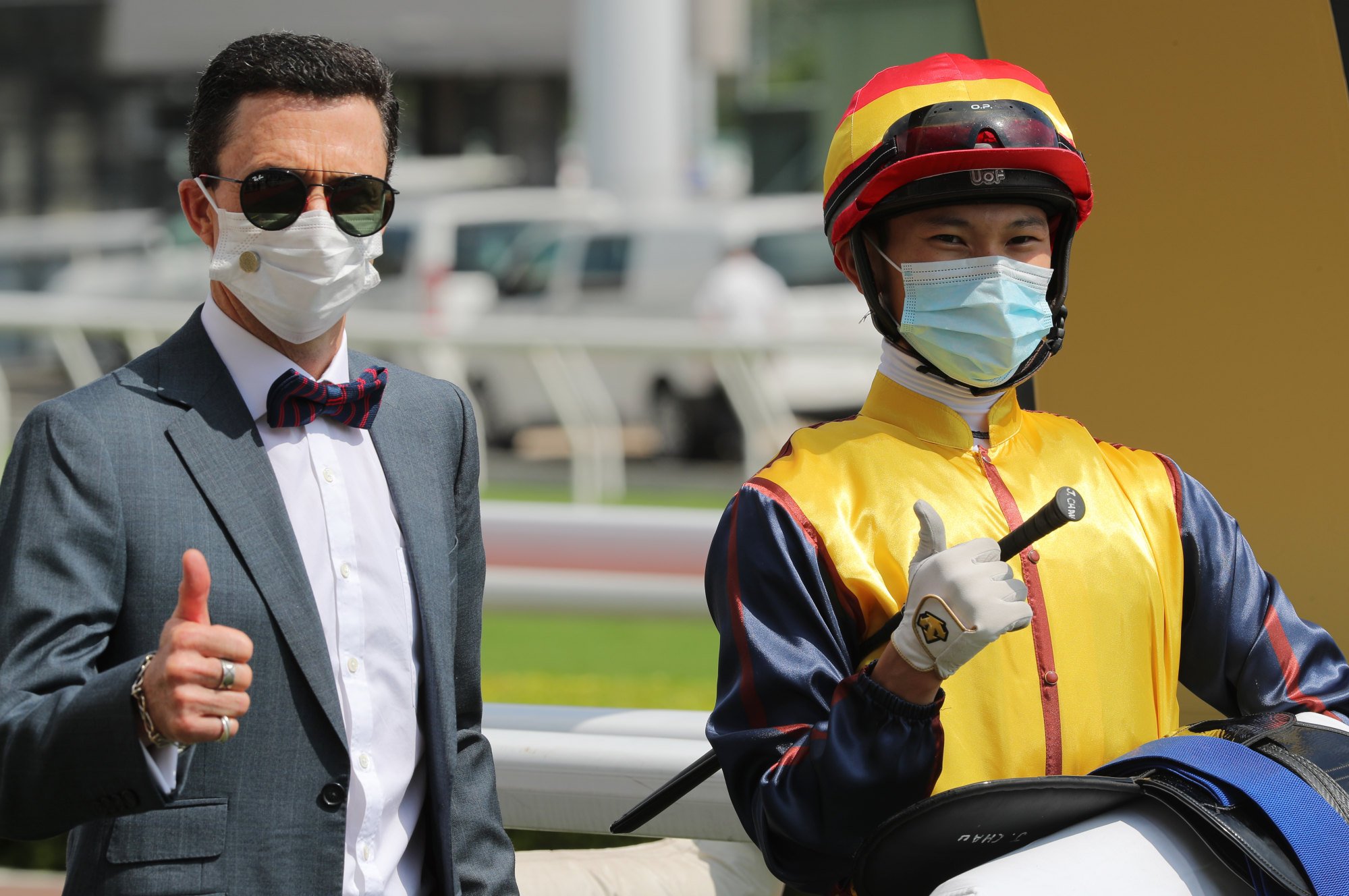 Jerry Chau and Douglas Whyte celebrate God Of Dragon’s win at Sha Tin in October.