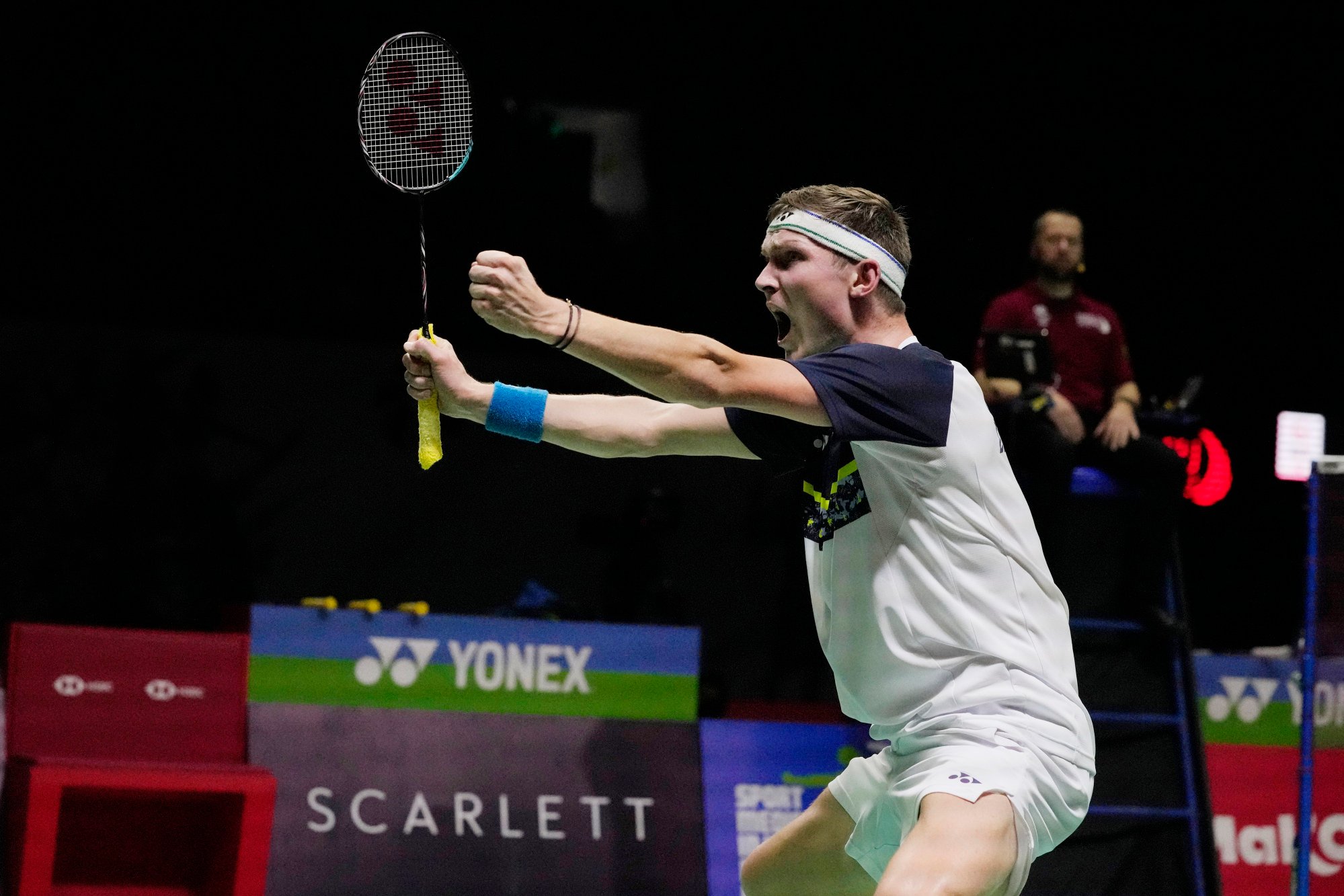 Denmark’s Viktor Axelsen celebrates after defeating Taiwan’s Chou Tien-chen in the men’s singles final. Photo: AP