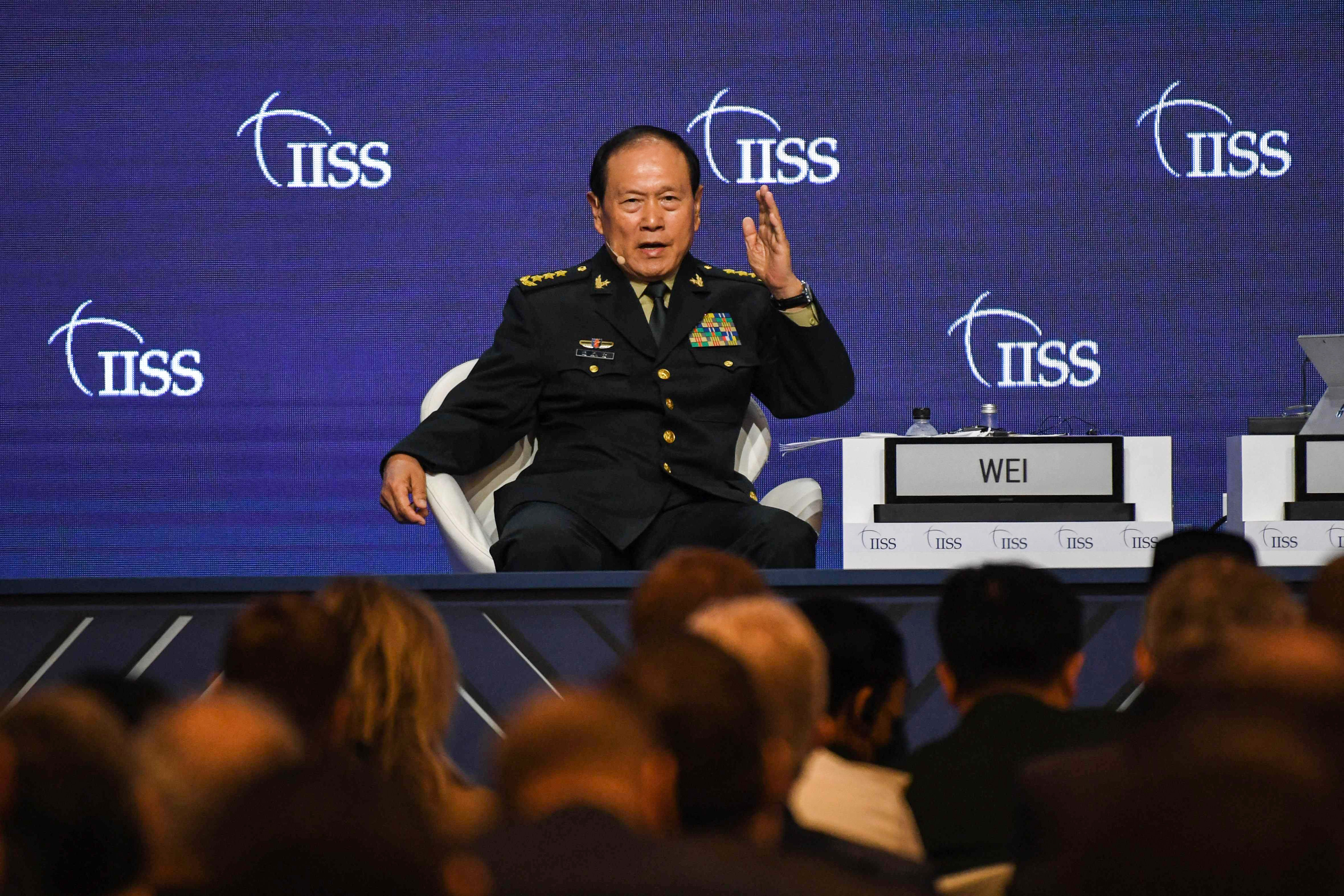 Chinese Defence Minister General Wei Fenghe speaks at the Shangri-La Dialogue in Singapore on Sunday. Photo: AFP