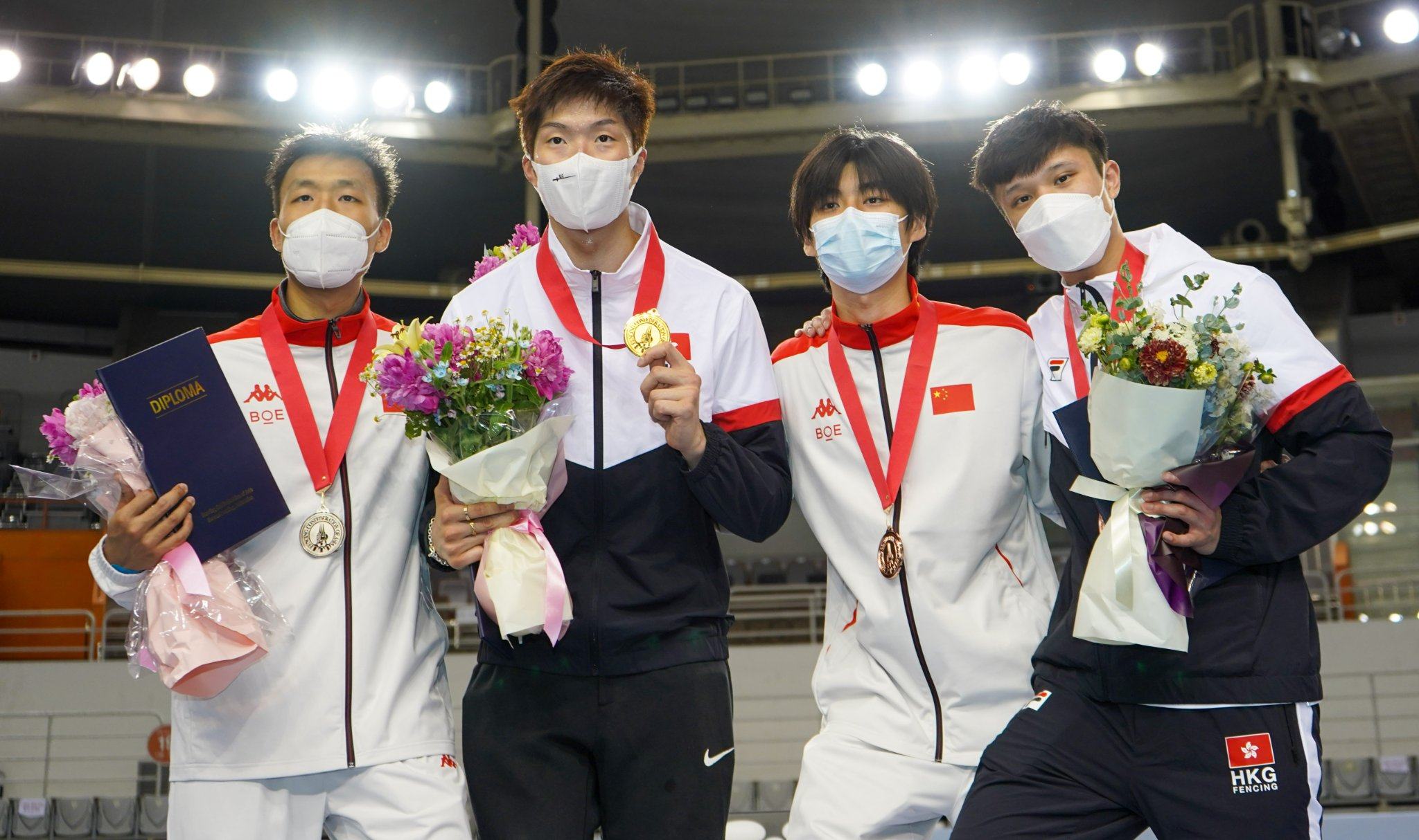 Cheung Ka-long (front) and Ryan Choi (far right) dominate the podium for Hong Kong at the Asian Championships. Photo: FIE