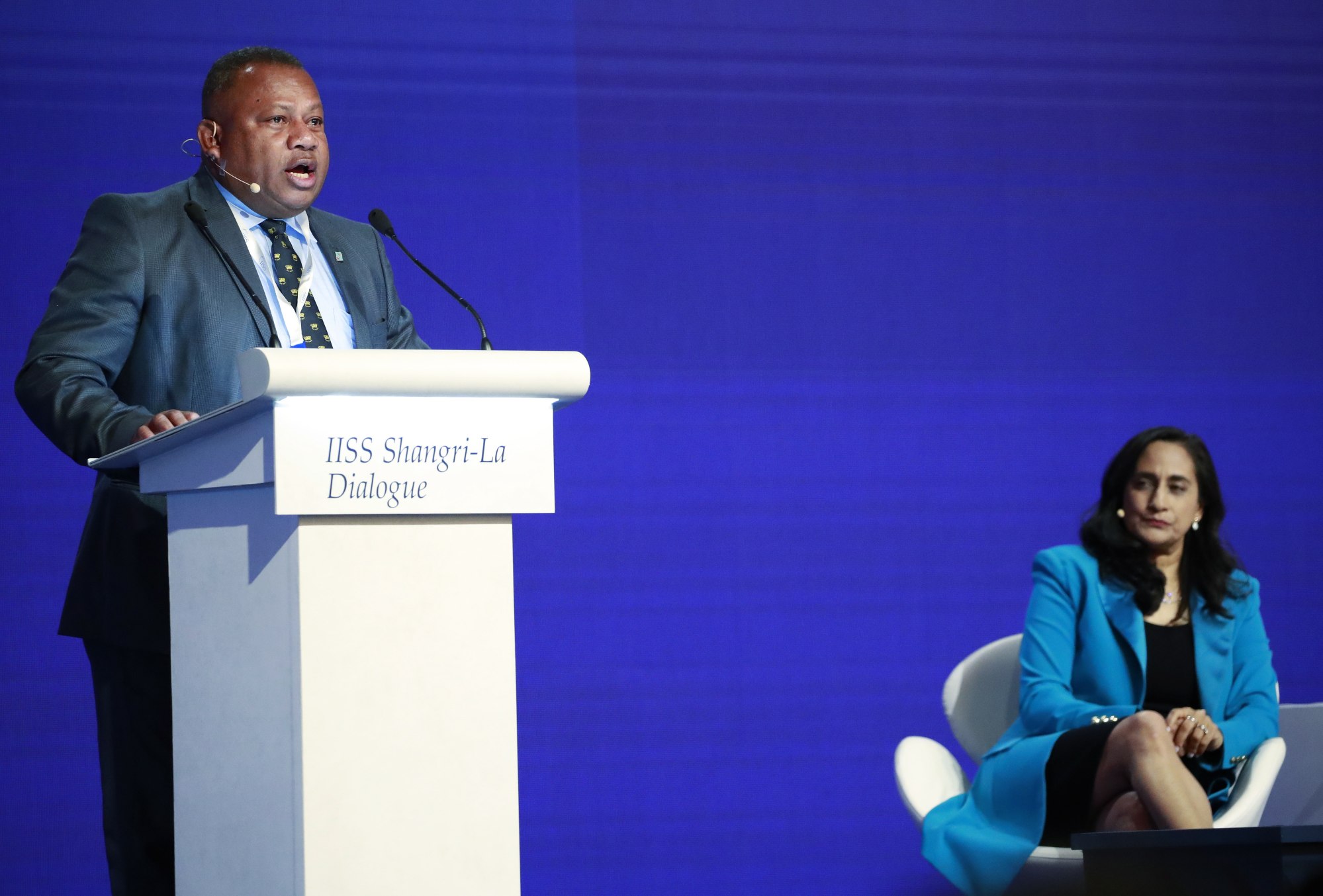 Fiji’s Minister for Defence, National Security and Policing Inia Batikoto Seruiratu (L) delivers his speech while Canada’s Minister of National Defence Anita Anand looks on during Shangri-La Dialogue in Singapore. Photo: EPA-EFE