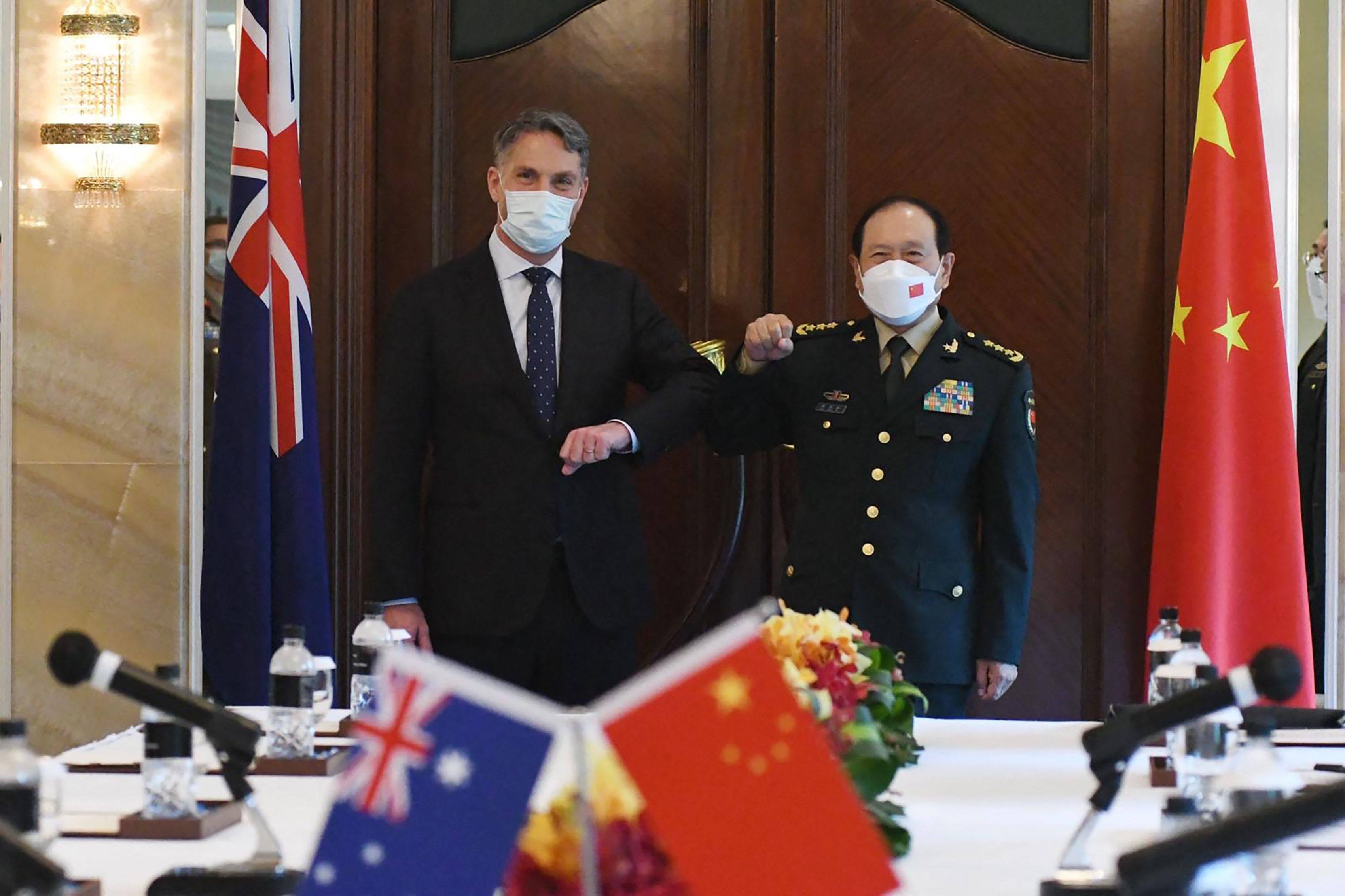 Australian Defence Minister Richard Marles (left) meets his Chinese counterpart Wei Fenghe on the sidelines of the Shangri-La Dialogue in Singapore on Sunday. Photo: Australian Department of Defence