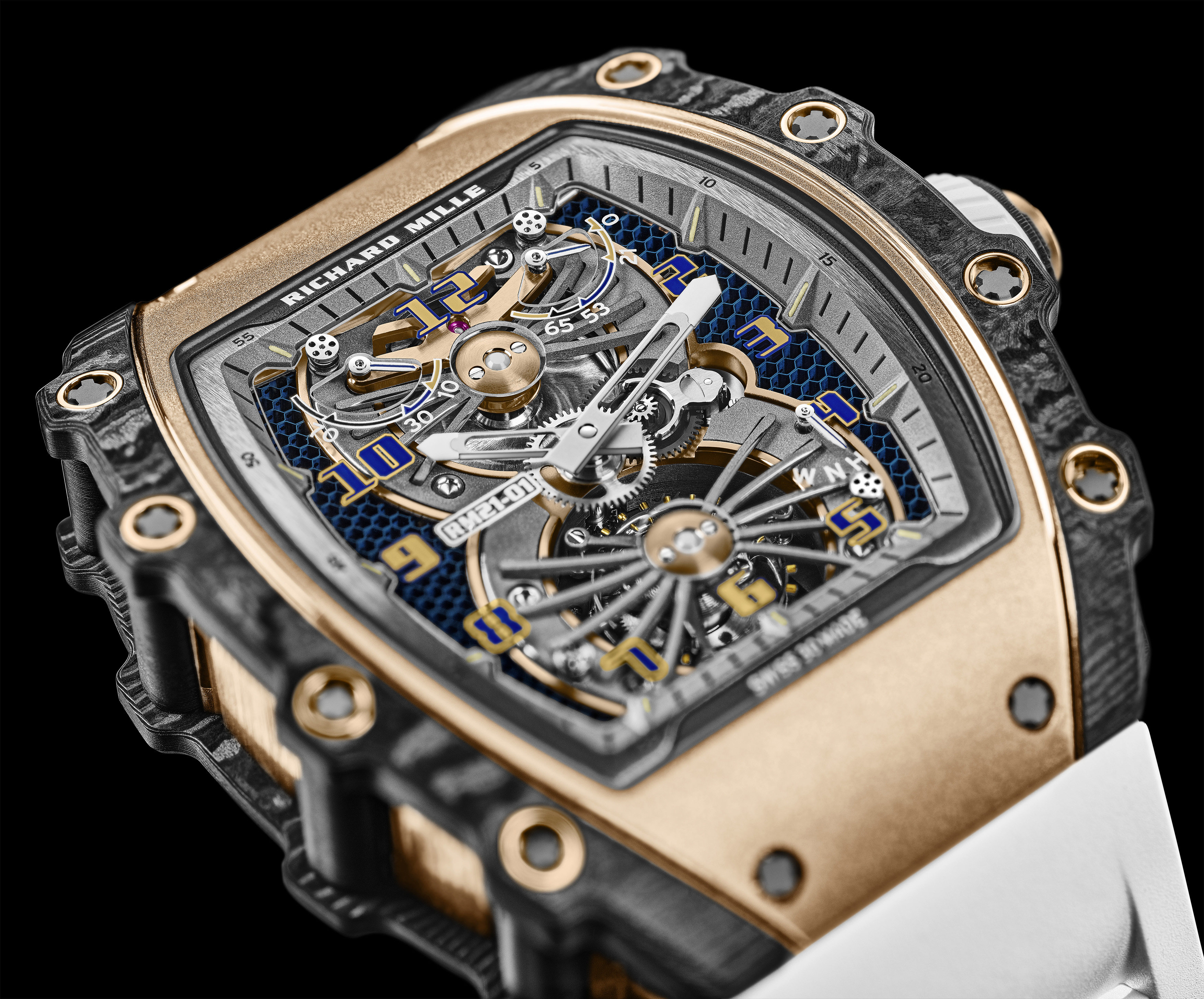 Richard Mille’s RM 21-01 Tourbillon Aerodyne features the watchmaker’s first use of Haynes 214, a highly heat-resistant alloy that’s presented in a honeycomb structure on the baseplate. Photo: Richard Mille