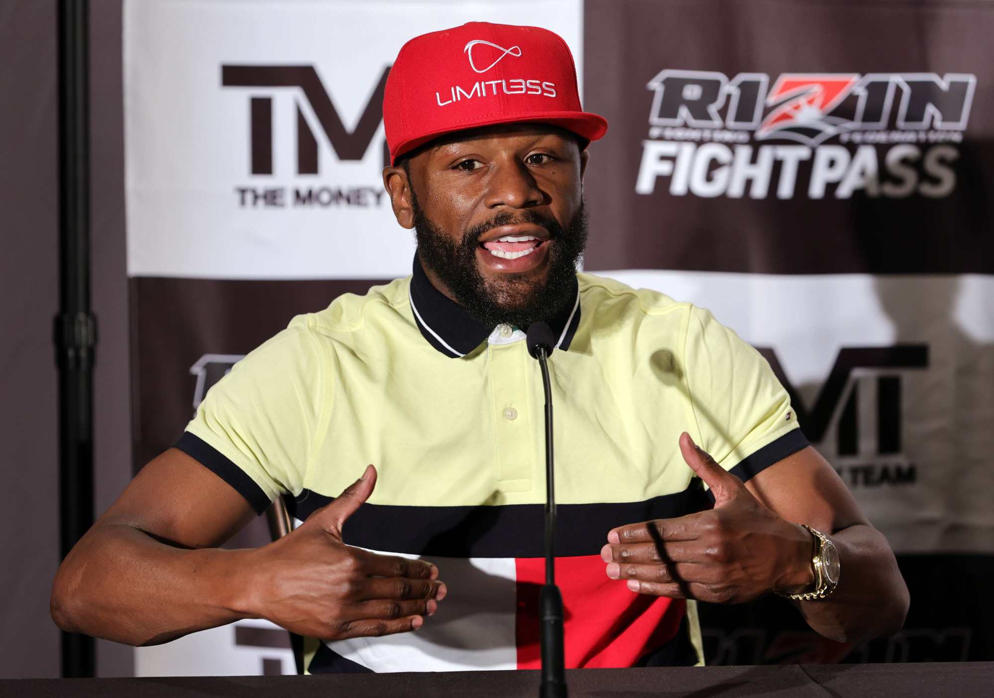 Boxer Floyd Mayweather Jnr speaks during the news conference. Photo: AFP