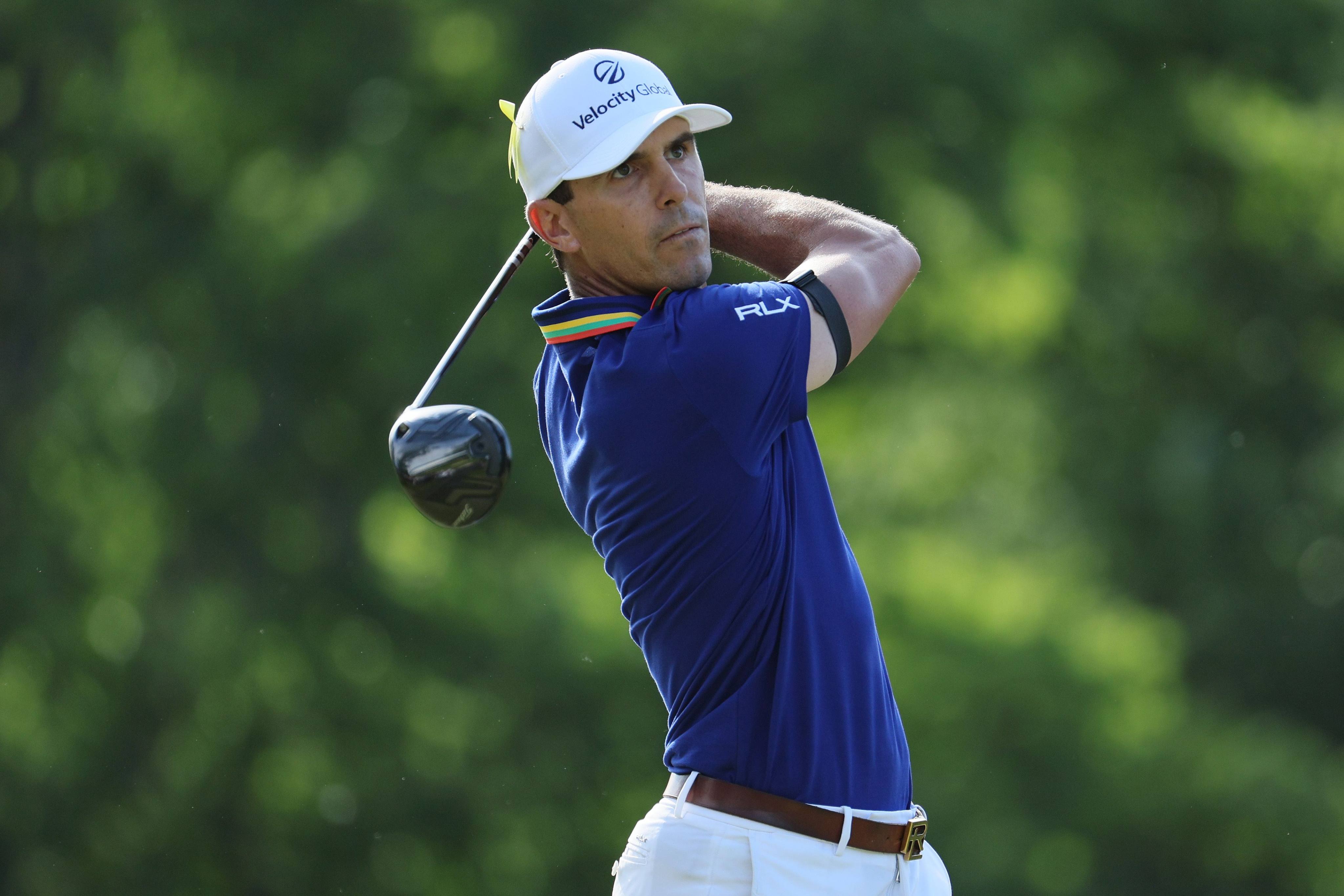 Billy Horschel plays his shot from the 18th tee during the final round of the Memorial Tournament in Dublin, Ohio. Photo: AFP