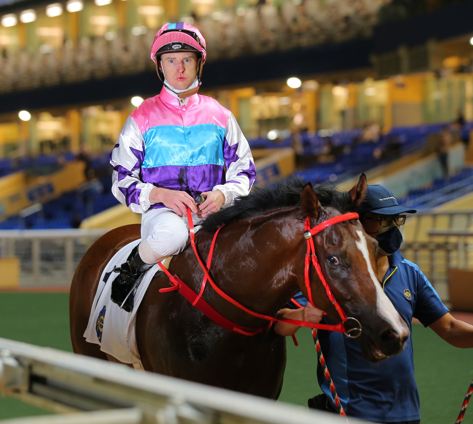 Zac Purton returns bloodied after winning aboard Gorgeous Vitality.