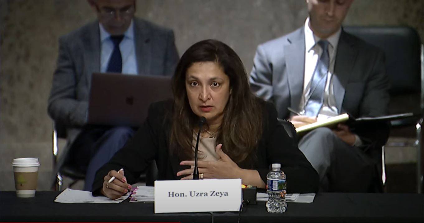 A screenshot of Uzra Zeya, US undersecretary of state for civilian security, democracy, and human rights, testifying before the Congressional-Executive Commission on China in Washington on Wednesday.