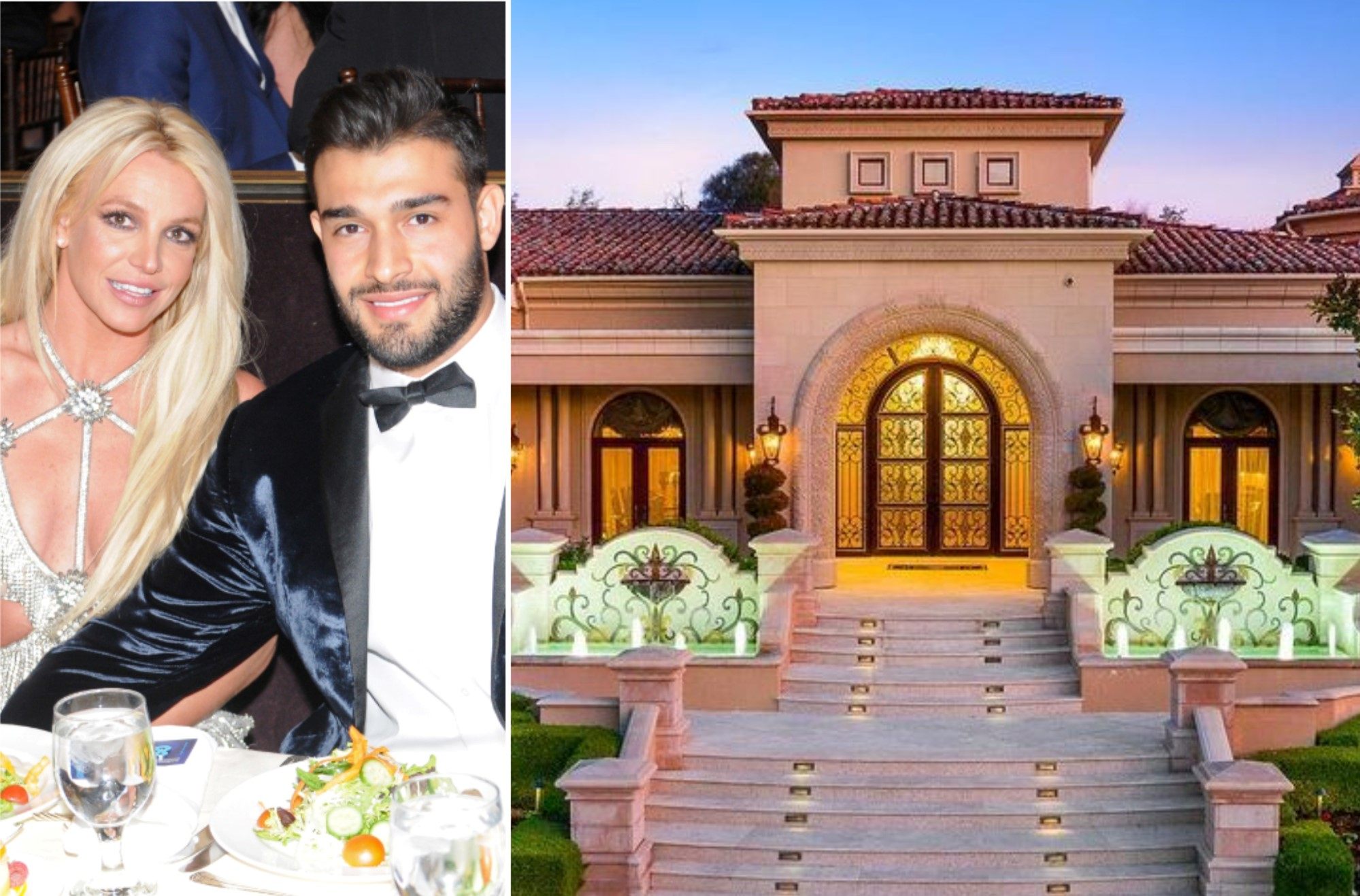 Britney Spears, Sam Asghari and their new Calabasas mansion. Photos: Getty Images for GLAAD/TNS, MLS