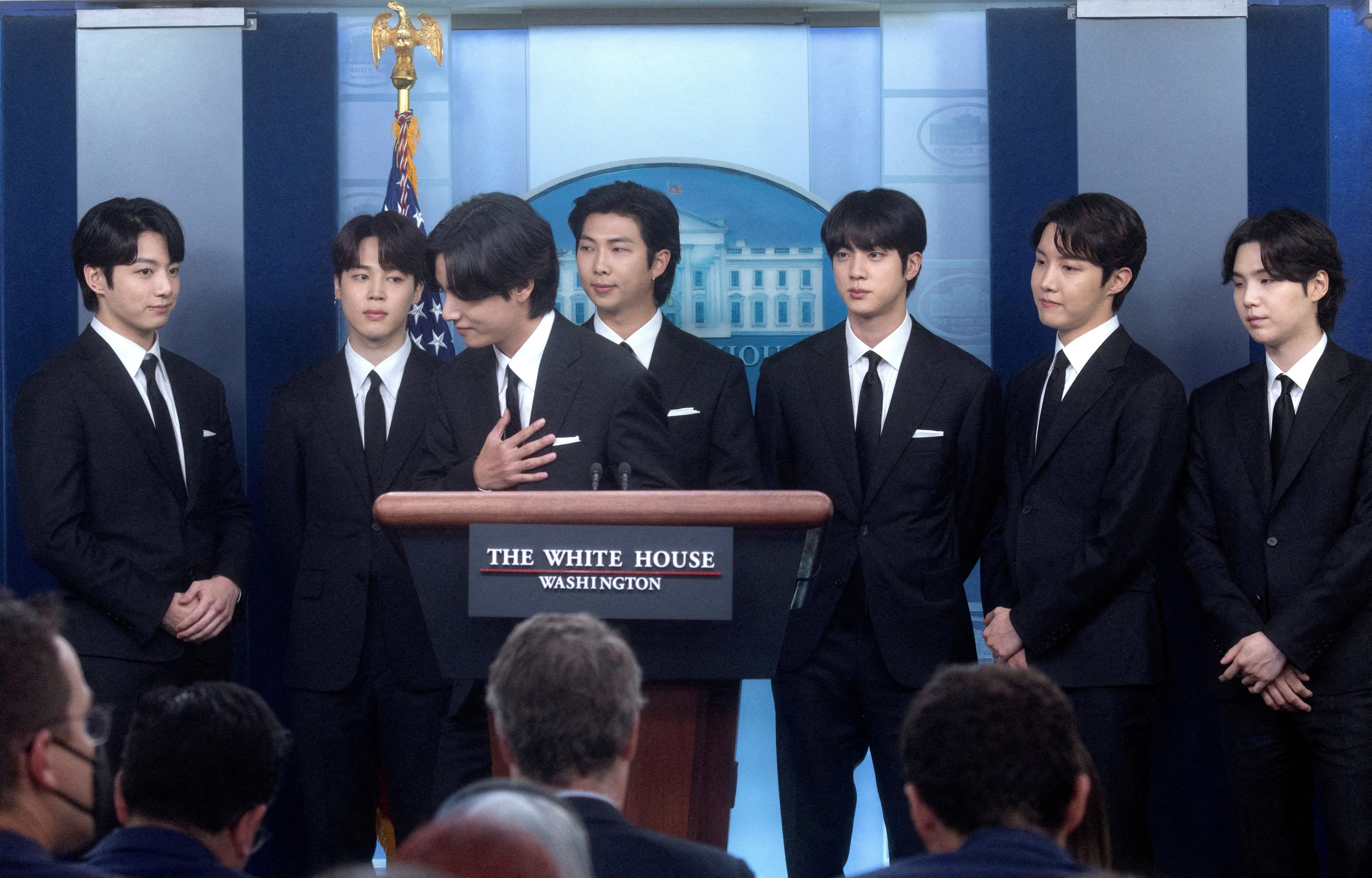 BTS makes statements against anti-Asian hate crimes at the White House on May 31, 2022. Photo: Reuters