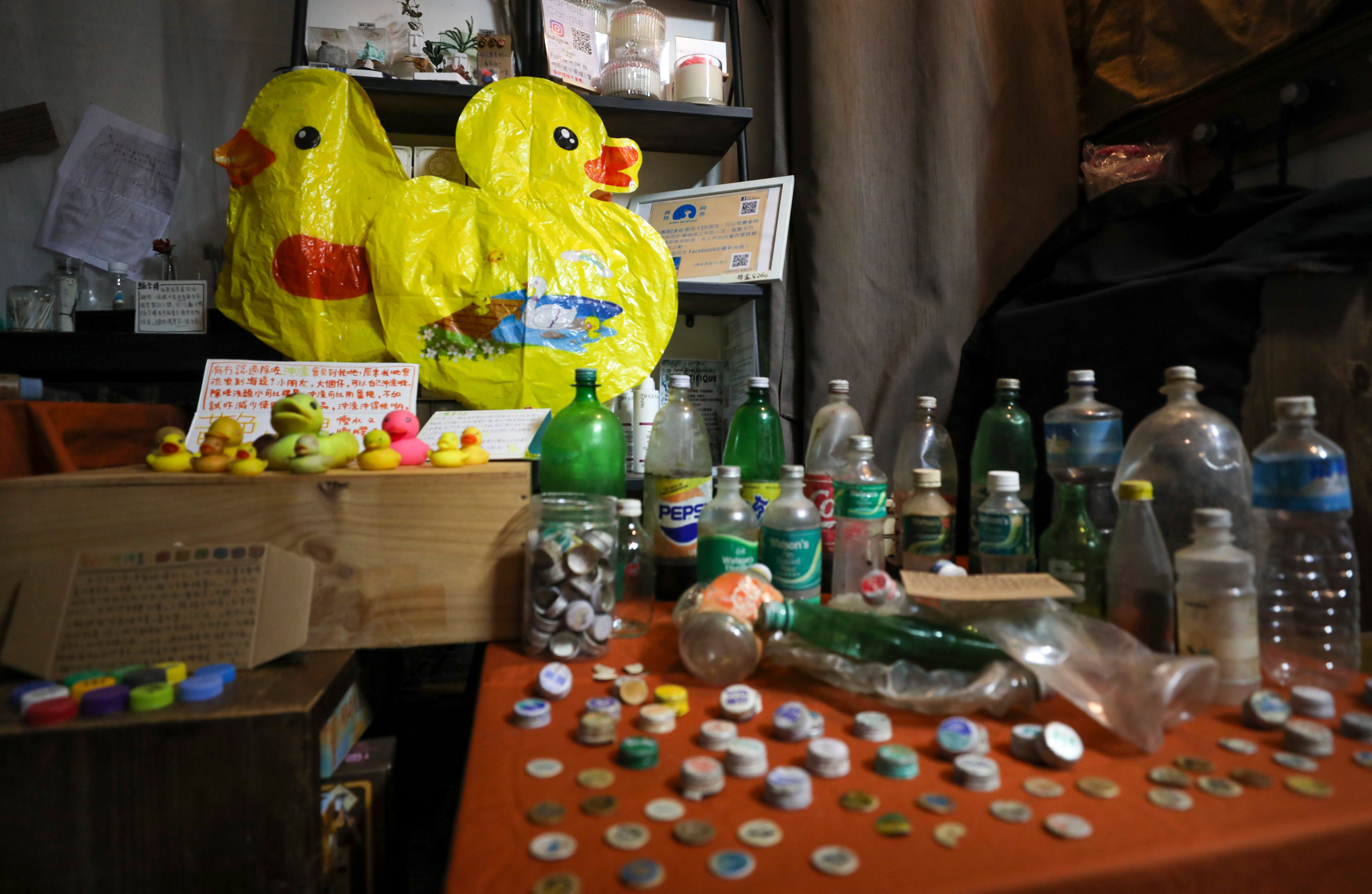 Rubber ducks and plastic bottles are among the items found by green group Ecobus during its litter-collection activities. Photo: Xiaomei Chen