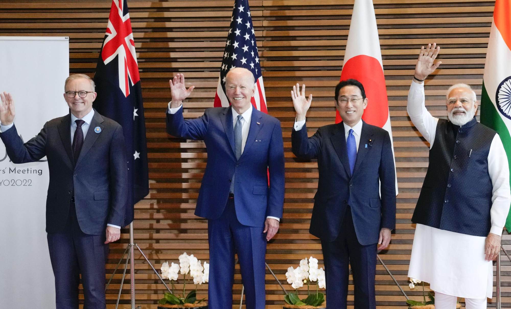 The leaders of Australia, the US, Japan and India wave ahead of their talks at last month’s Quad summit in Tokyo. Photo: Kyodo