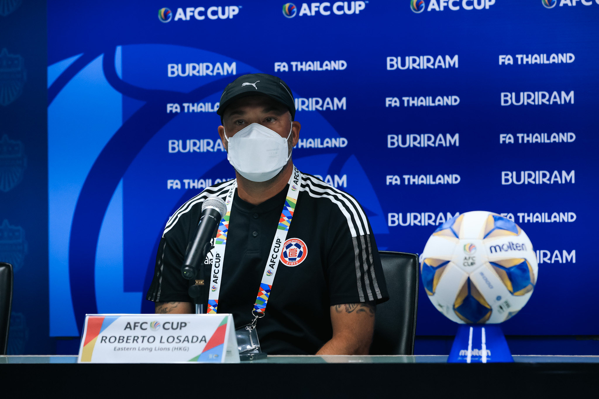 Coach Roberto Losada at the pre-match press conference as his side  Eastern get set to face Lee Man in the 2022 AFC Cup group J opening game in Buriram. Photo: Eastern Long Lions