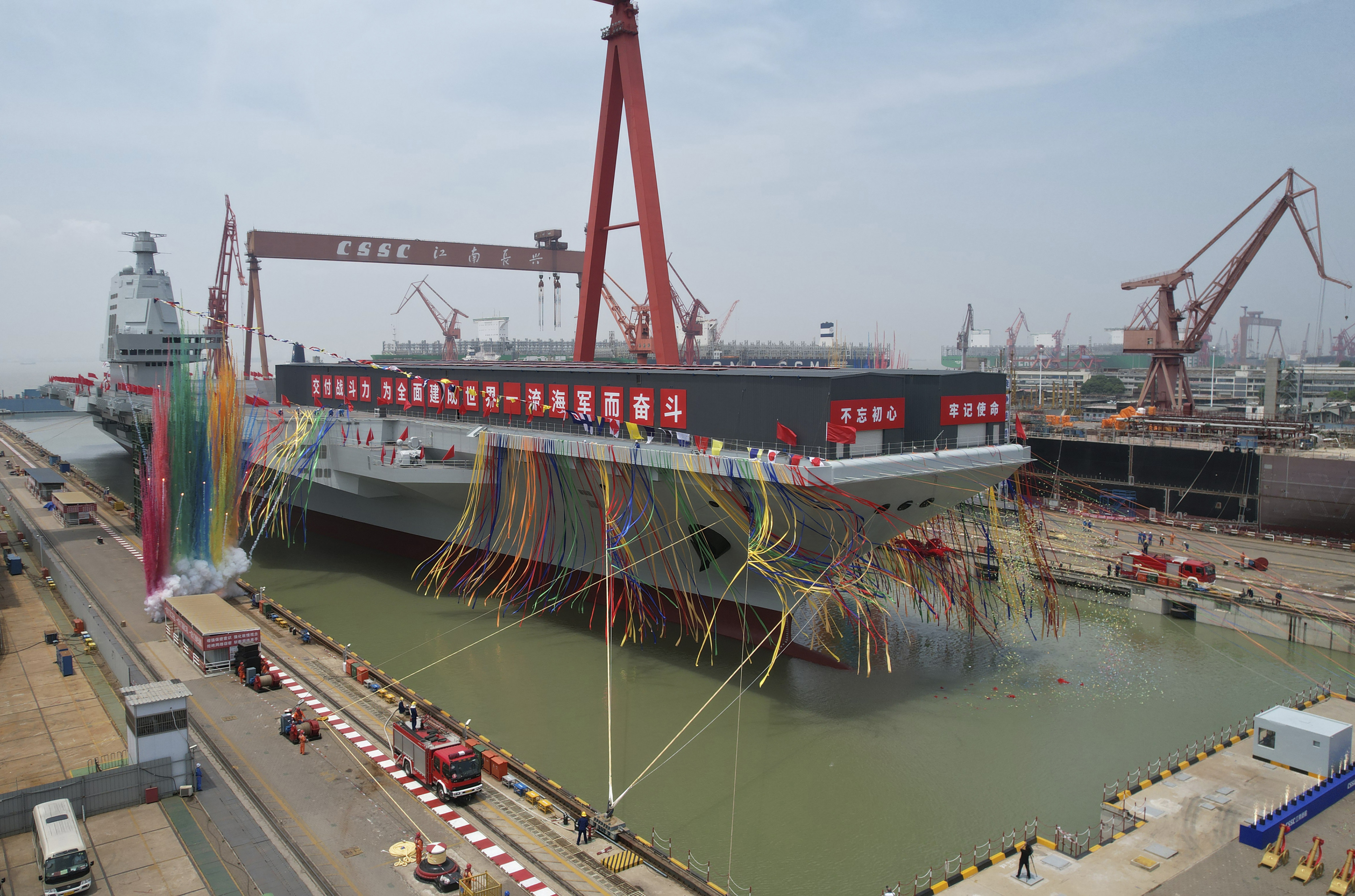 A launch ceremony is held for China’s latest and most advanced aircraft carrier, Fujian, at a dock in Shanghai on June 17. Photo: Xinhua via AP