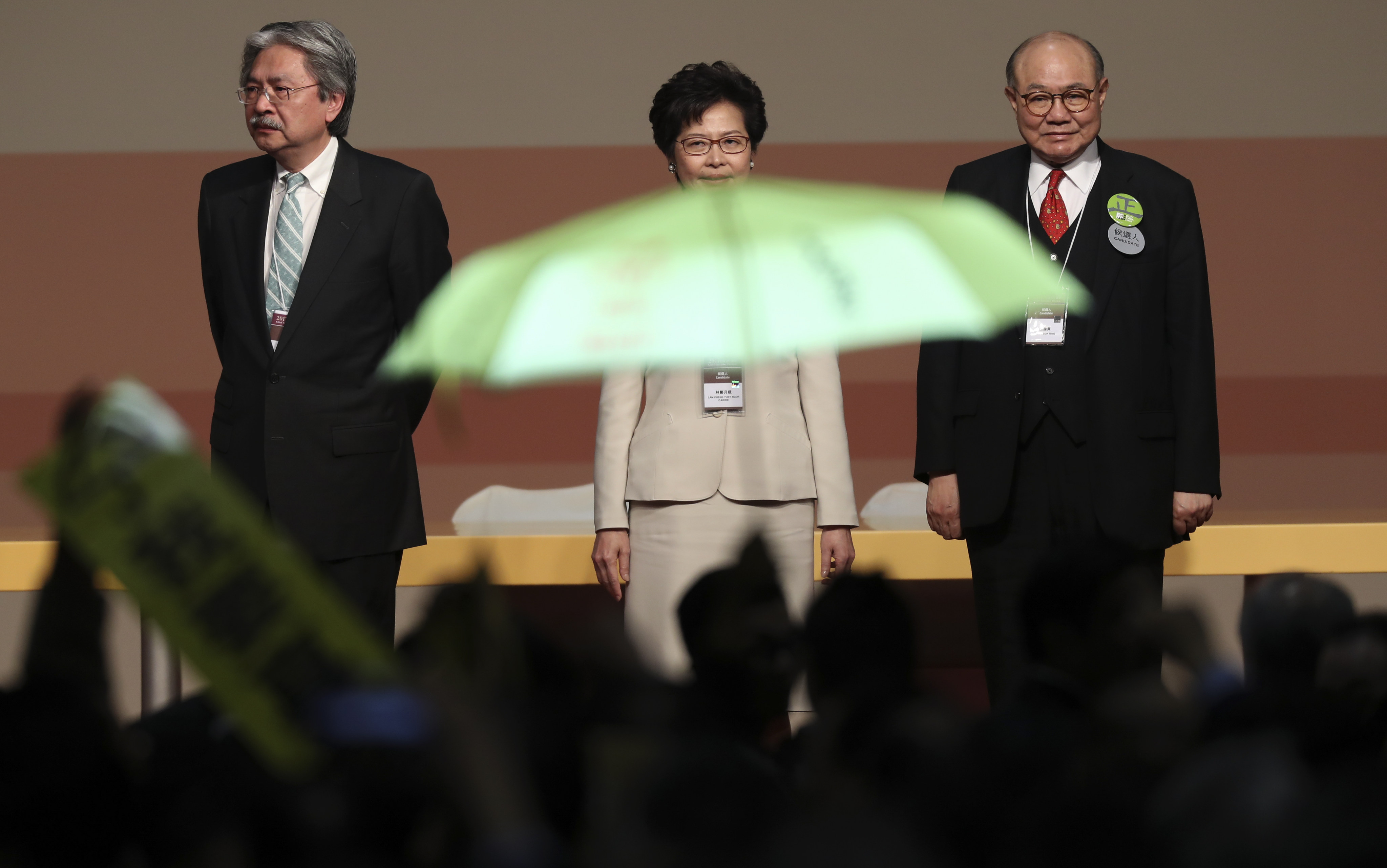 Carrie Lam (centre) wins the chief executive race on March 26, 2017, beating John Tsang (left) and retired judge Woo Kwok-hing. Photo: Robert Ng